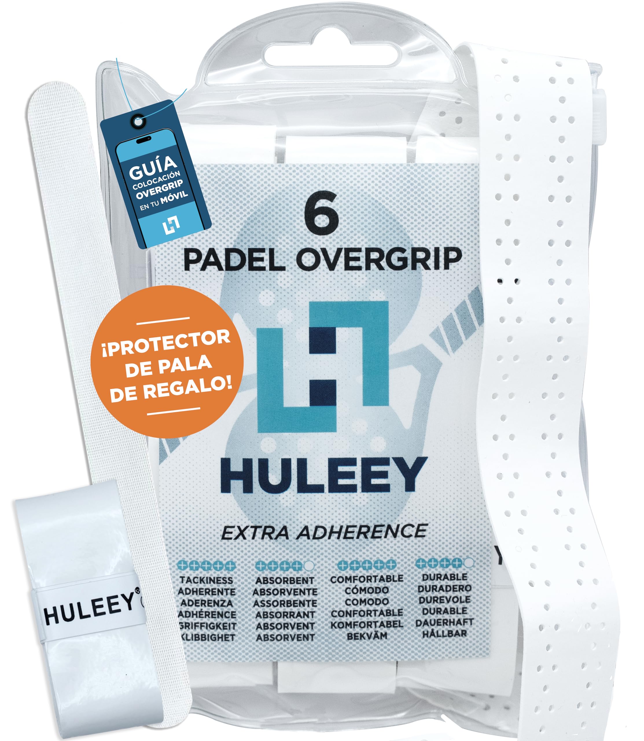 HULEEY Overgrips Pádel Blanco Perforado – Packs 6/12/20/60 – Antideslizante Extra-Adherente – Alta Absorción – Incluye Protector de Pala — view 8