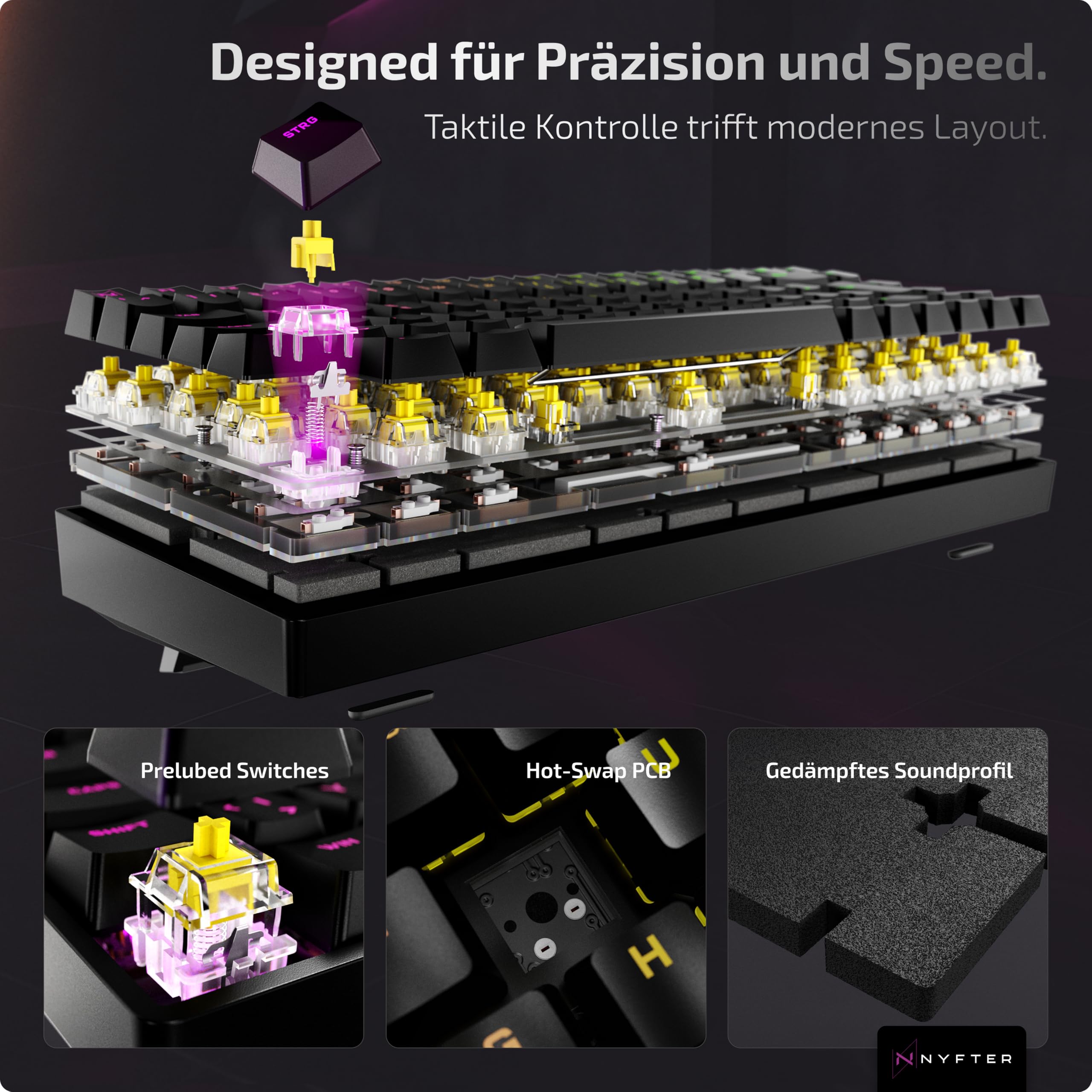 Nyfter - Tastiera da gioco al 75% – Doppia attenuazione, pre-LUBED Gateron Yellow Switches, HOTSWAPPABLE, 100% RGB illuminazione, ISO DE Layout NYFBOARD GEN2 Gaming Tastiera