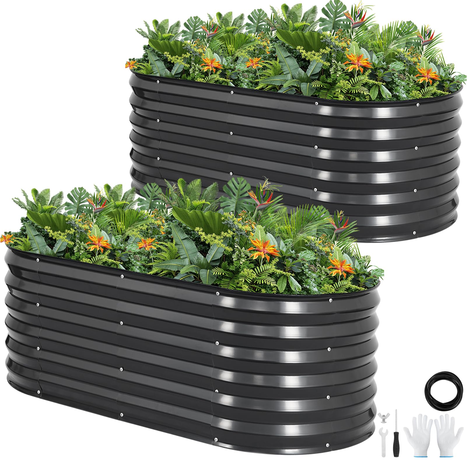 galvanized raised garden bed outdoor |17'' tall planter box outdoor for deep root plants | 2pcs raised bed kit for gardening with rubber strip for vegetables flowers fruits (darkgrey, 4x2x1.4ft)