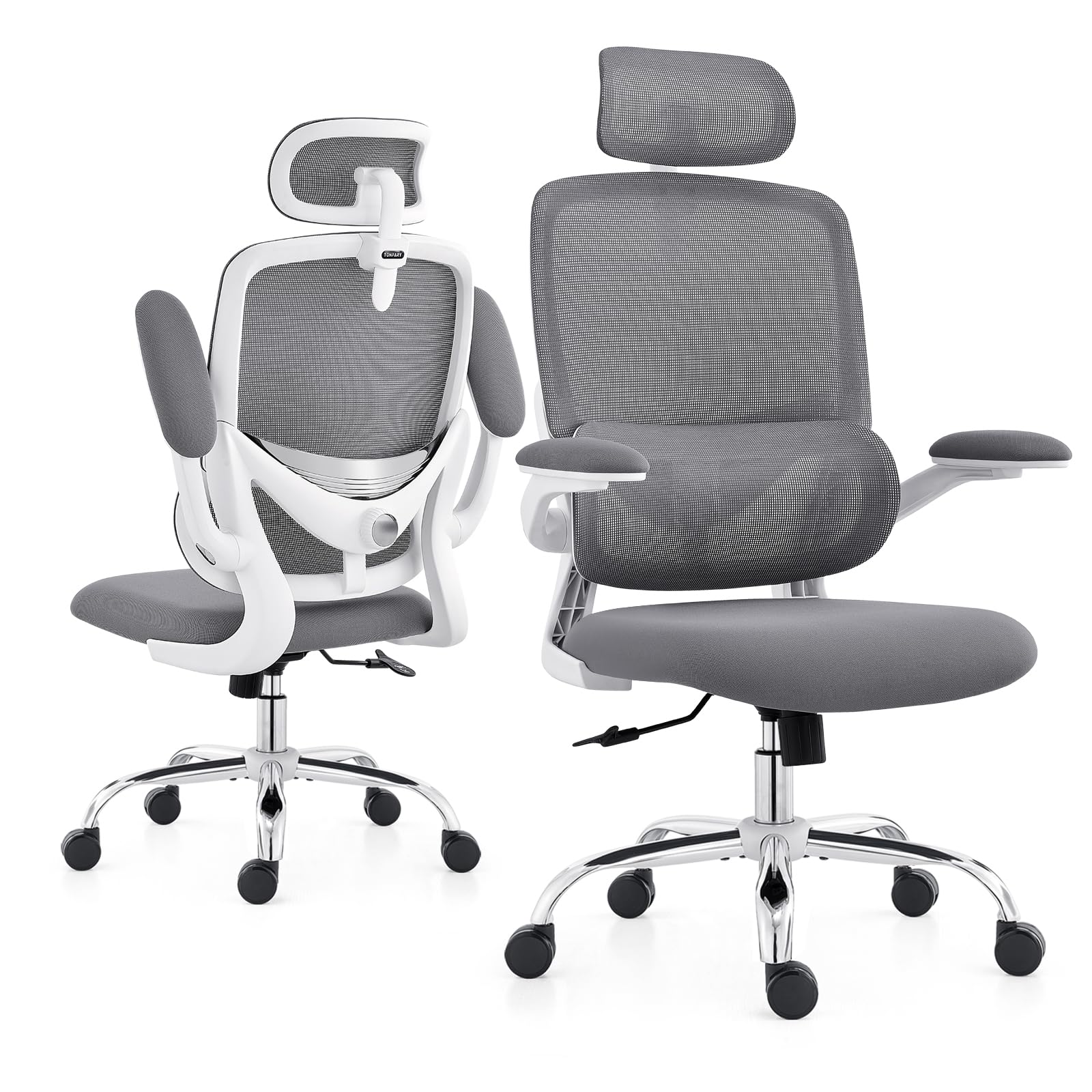 Silla Ergonómica para Oficina, Silla de Escritorio Respaldo Alto de Malla, Soporte Lumbar Ajustable, Reposabrazos Abatible, Reposacabezas Desmontable, Silla Giratoria para Juegos, 150 KG