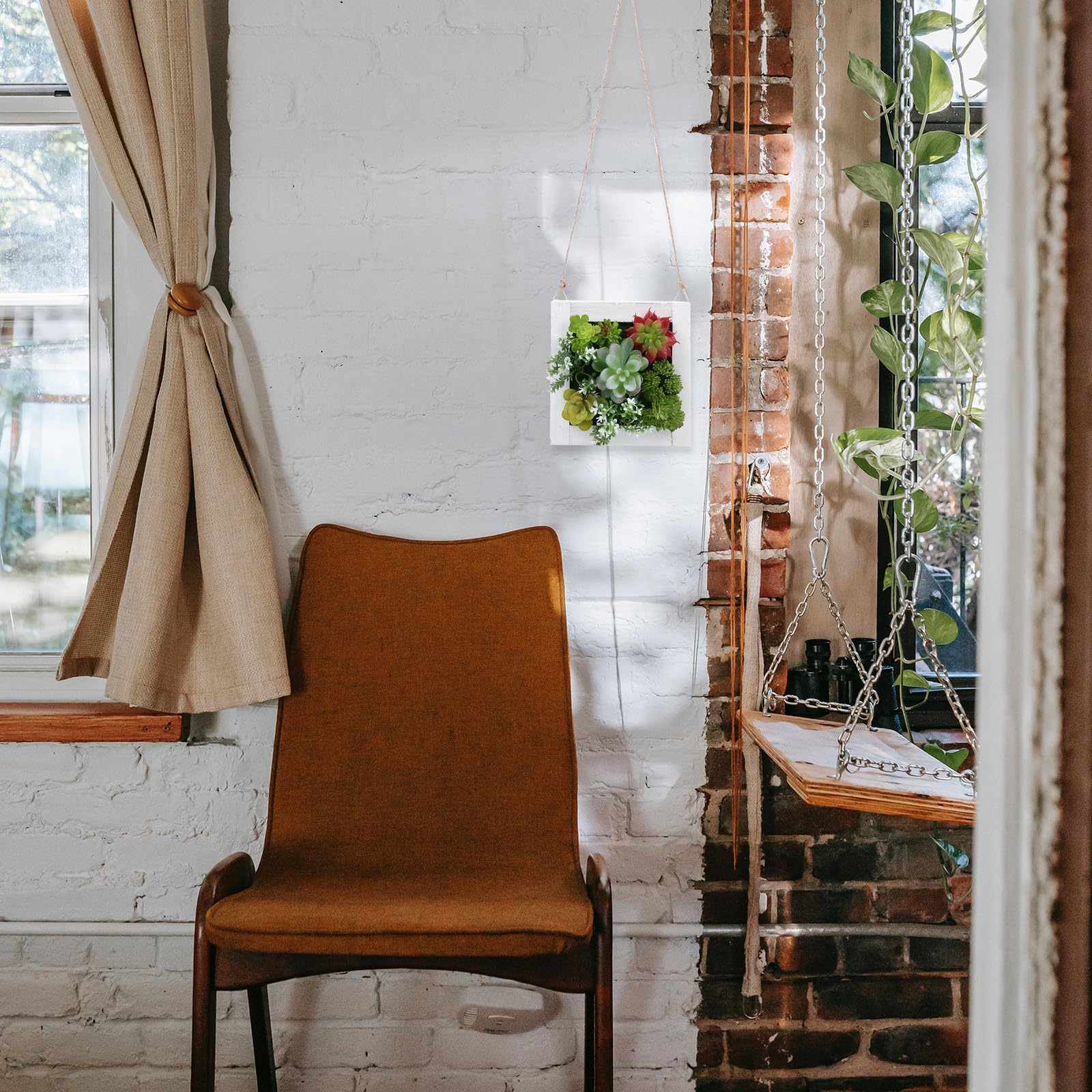 Cadre Suspendu avec Plantes Succulentes Artificielles en Plastique et Bois, Décoration Murale Intérieure Solide et Facile d'entretien pour Maison et Bureau