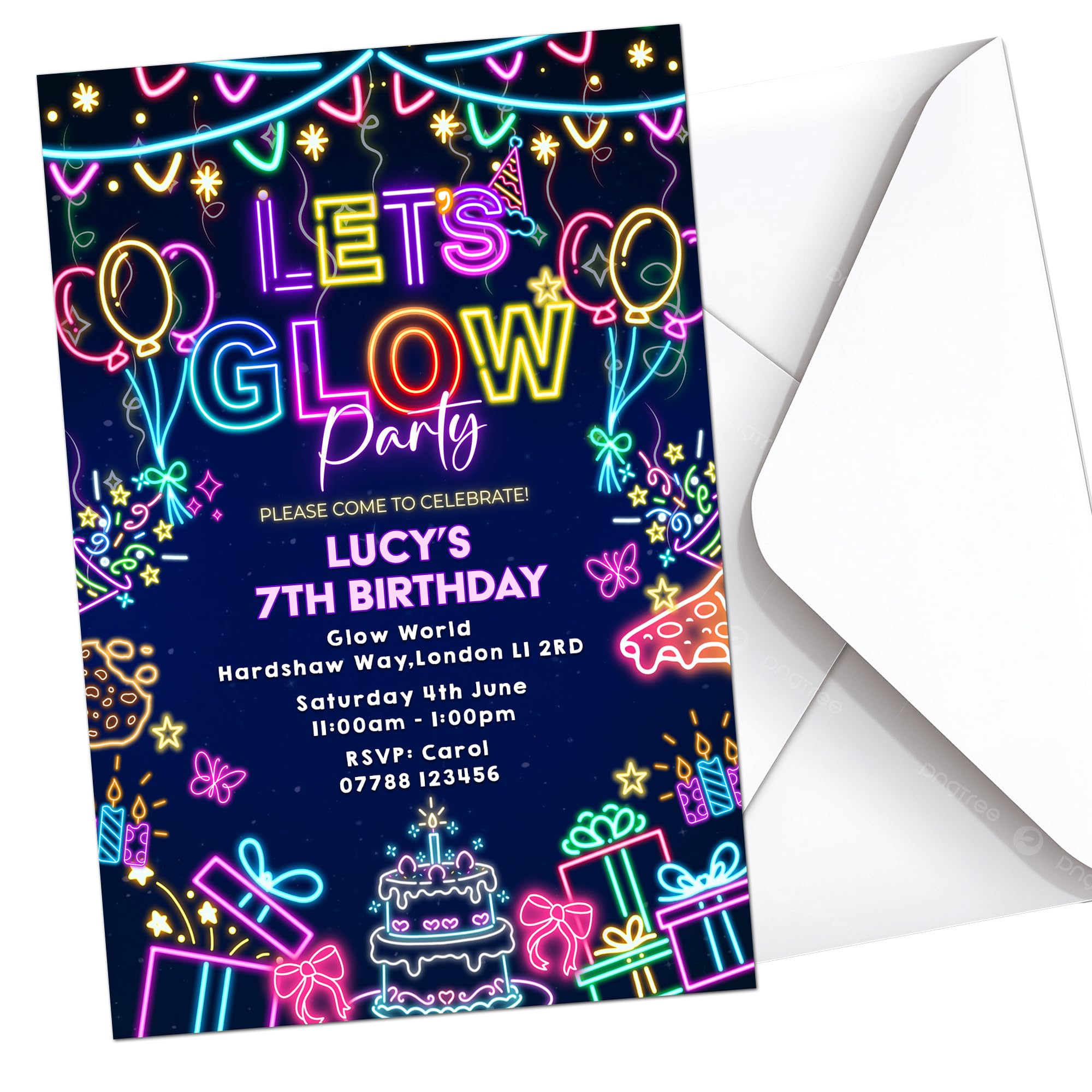 Glow Party Invites Birthday Invitations & Envelopes Personalised K261