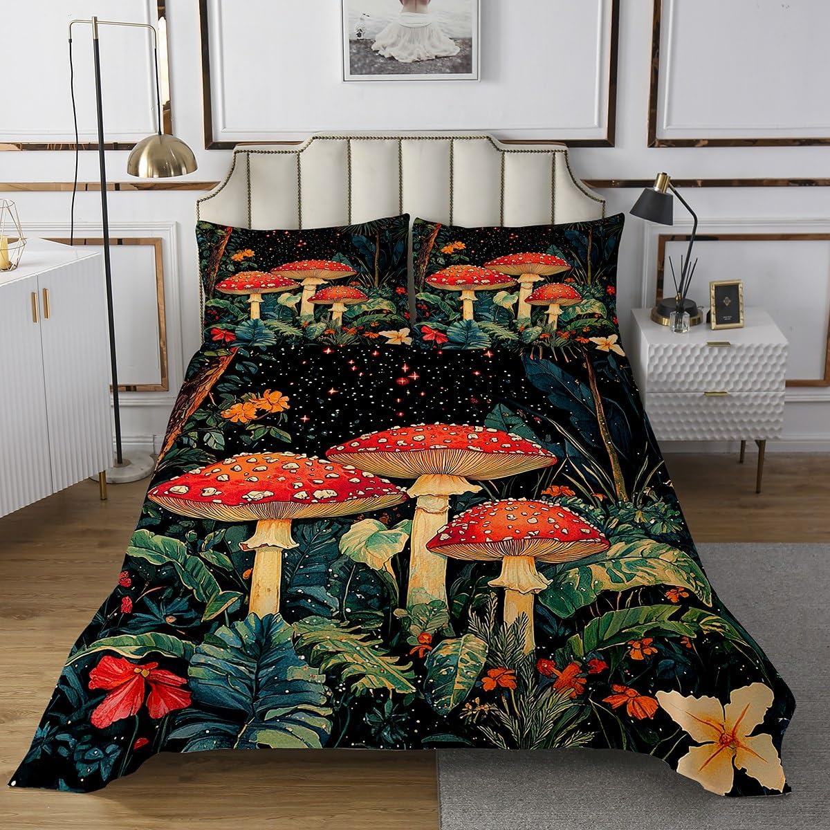 jejeloiu Cartoon Mushrooms Coverlet Set,for Kids Boys Girls,Queen Size,Botanical Theme Bedspread Ultra Soft Natural Wild Fungus Quilted Coverlet,Red Mushroom Quilted Room Decor,Star Print