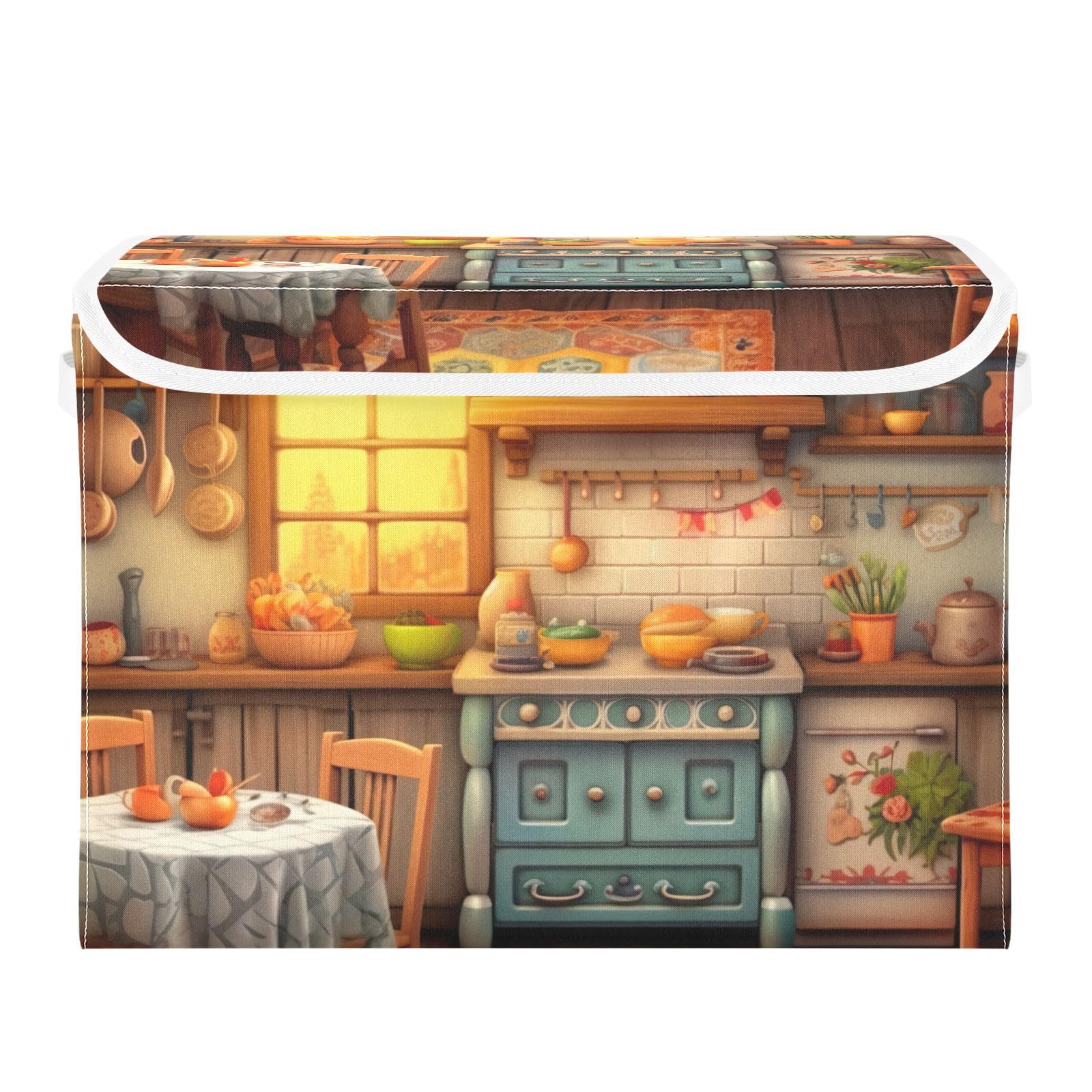 xigua Rustic Kitchen Pattern Storage Bins with Lids and Carrying Handle,Foldable Storage Boxes Organizer Containers Baskets Cube with Cover for Home