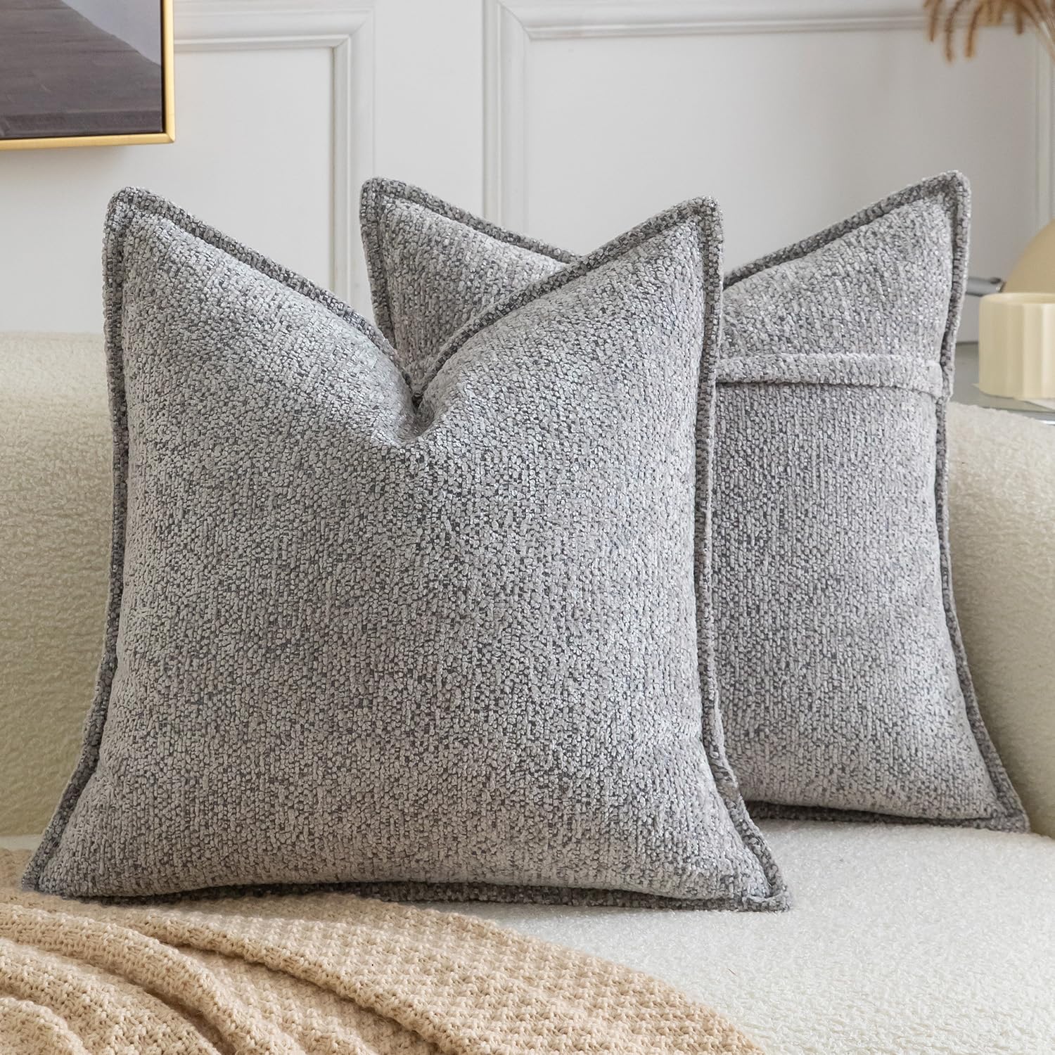 Madizz Pack of 2 Decorative Cushion Covers Boho Soft Textured Chenille Throw Pillows Solid Pillow Covers for Couch Sofa Bedroom Living Room 40x40 CM, Grey