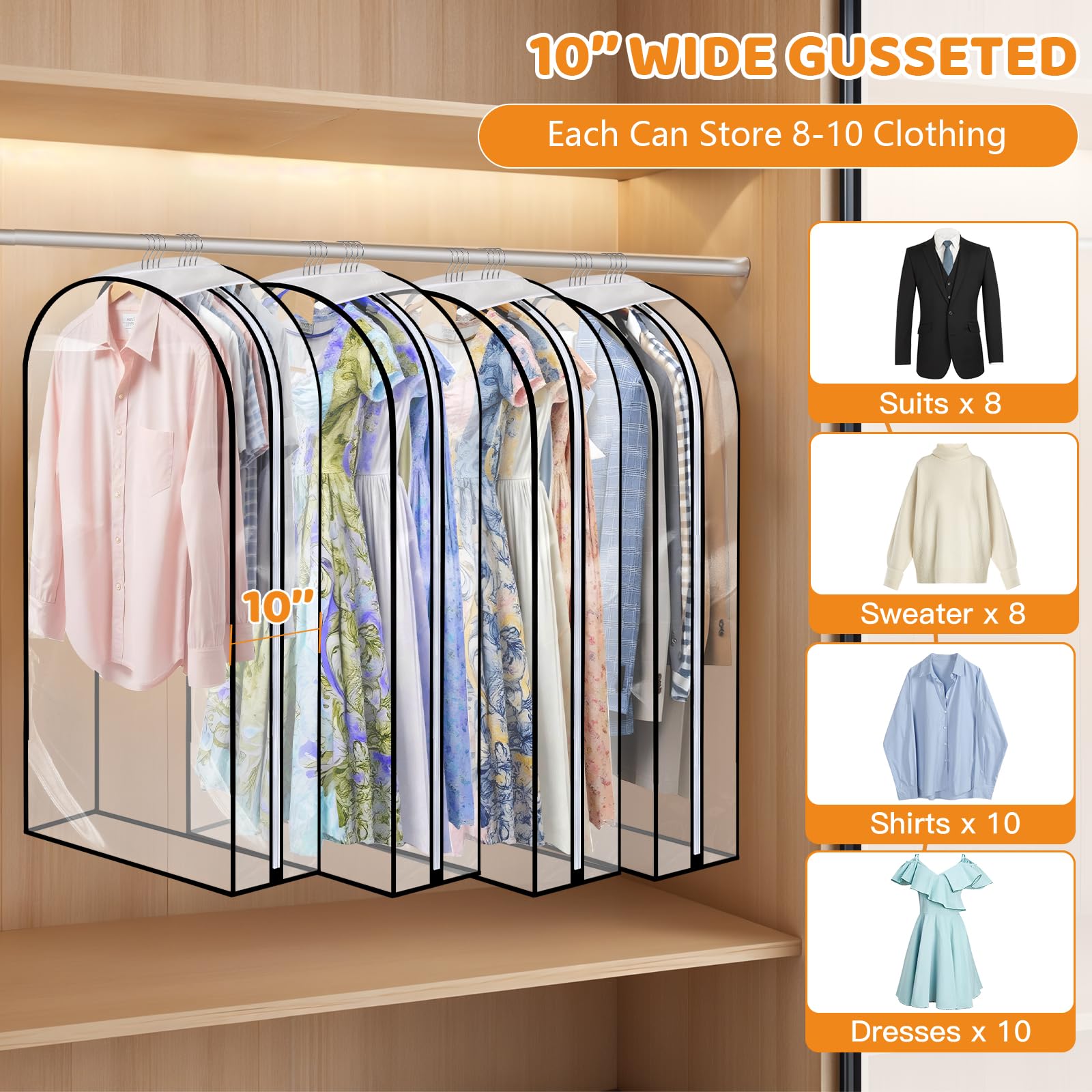 4 Pack Full Clear Garment Bags, 50" Clothes Covers with 10" Gusseted, Transparent Bags for Hanging Clothes Suit Bags - Image 3
