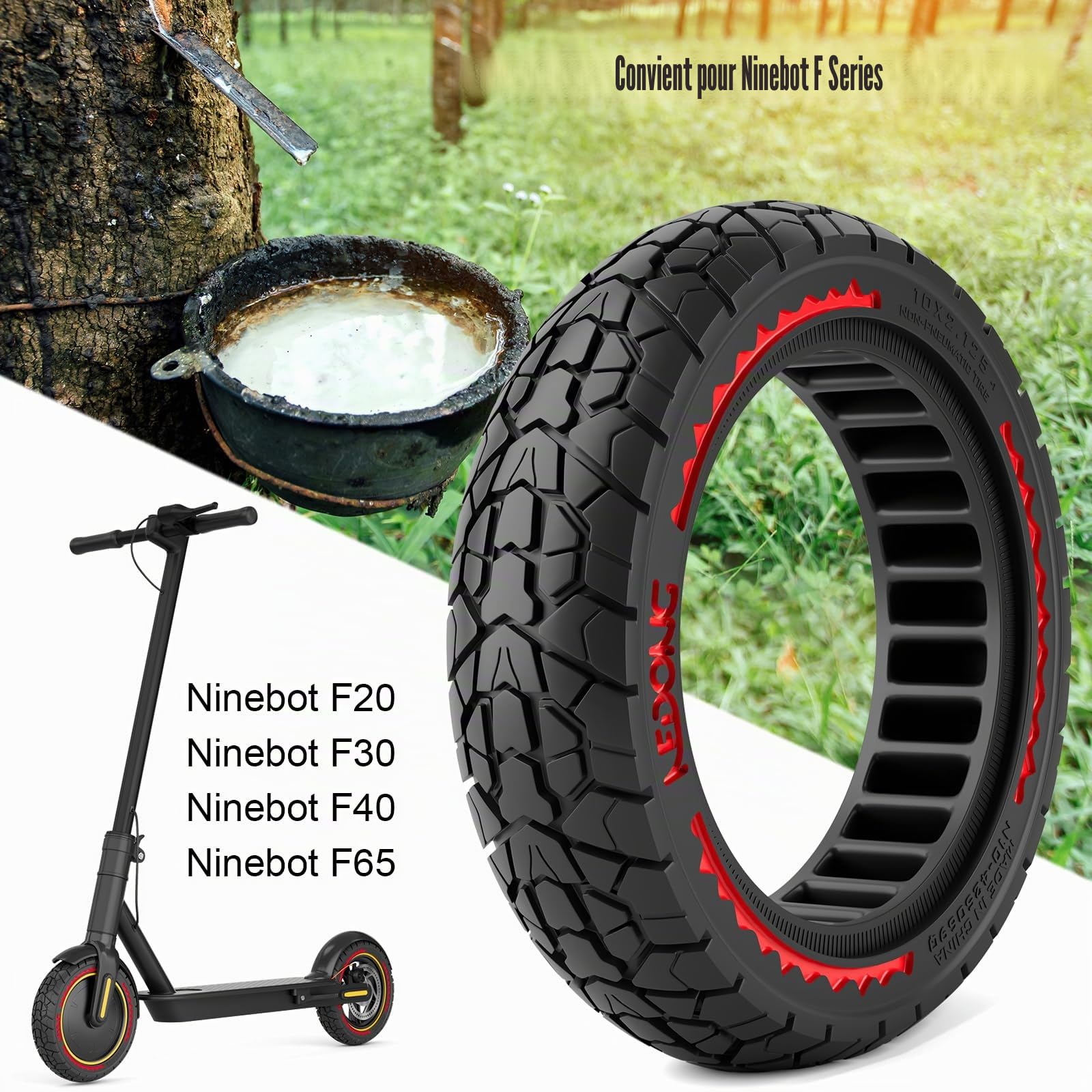 OUXI 10X2.125 Off Road pneu pour Scooter électrique Ninebot F20/F30/F40/F65, pneus en caoutchouc solides de 10 pouces pour pneu de Scooter électrique solide avant et arrière Tubeless(Rouge 2pcs)