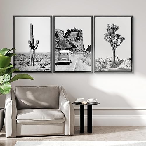 Miniatura 4 de NWT Conjunto de impresiones en lienzo enmarcado para pared, paisaje del desierto en blanco y negro, árbol de Joshua, naturaleza, vida silvestre,