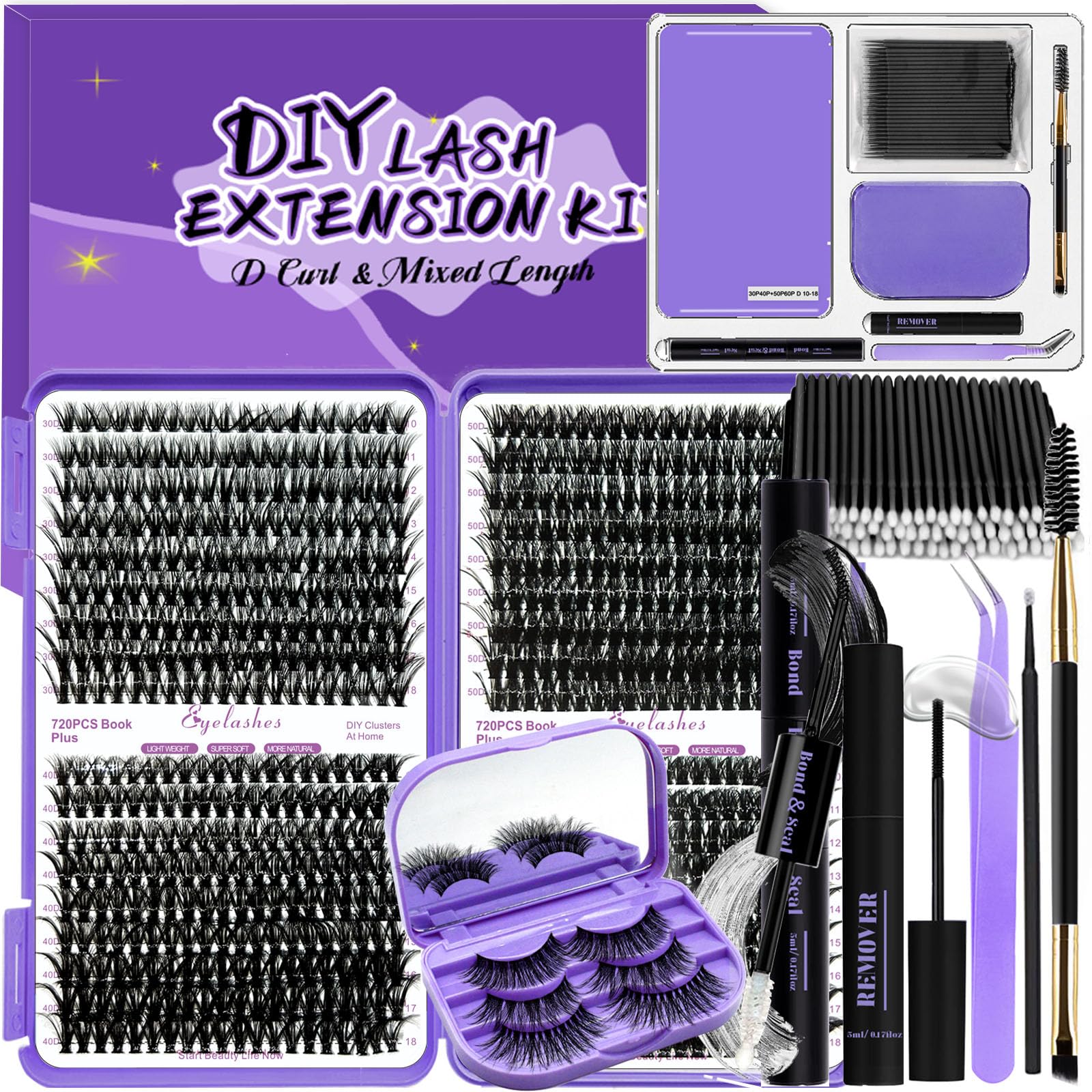 DNSGOORDIY Lash Extension Kit 720Pcs D Curl Individual Lash Clusters+3 Pairs Faux Mink Lashes with Mirror Storage Box Lash Bond&Seal Glue Remover Tweezers Lash Brush Applicator (Individual A)
