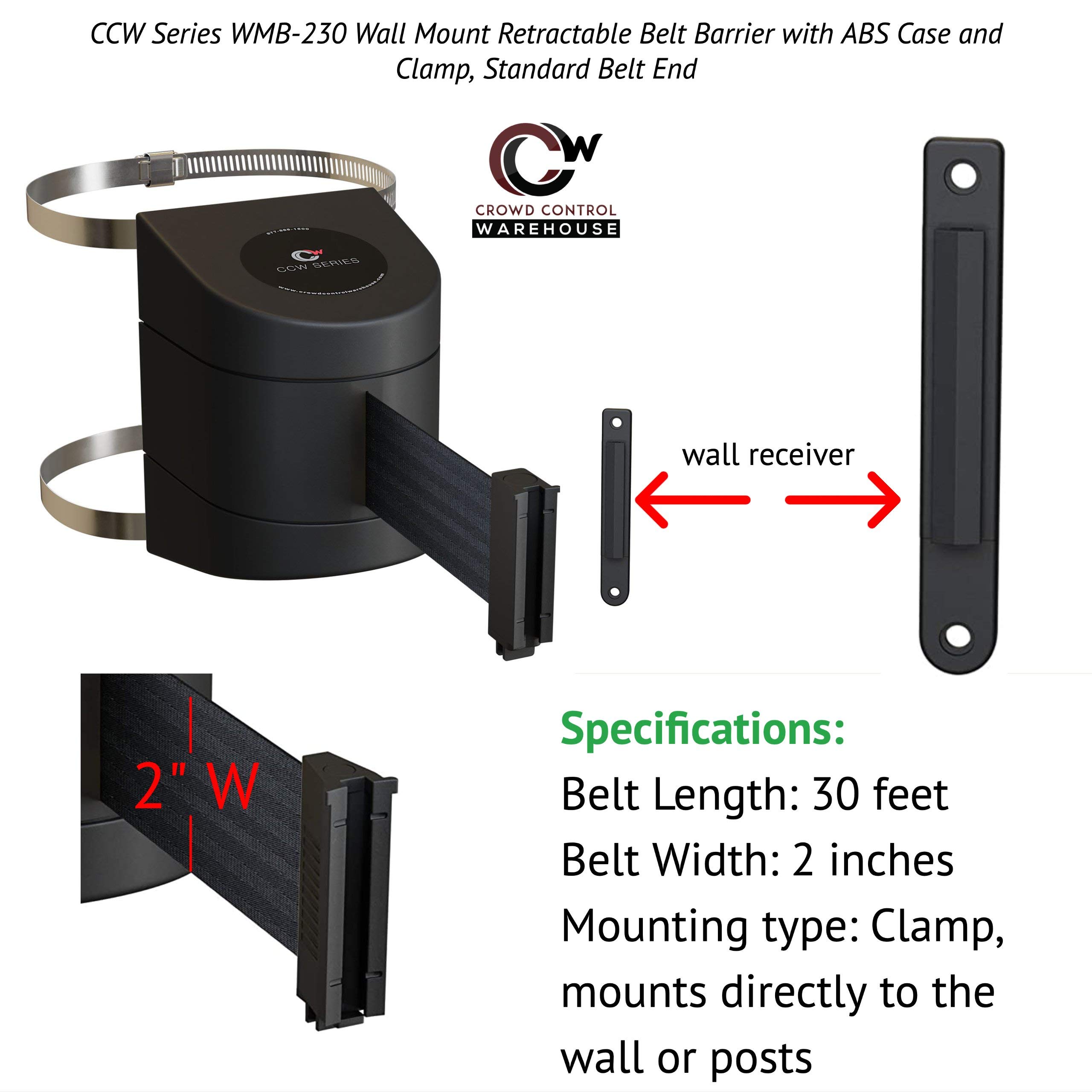 CCW Wall Mount Retractable Belt Barrier with ABS Case and Clamp, WMB-230 (30 Foot Belt, Red with