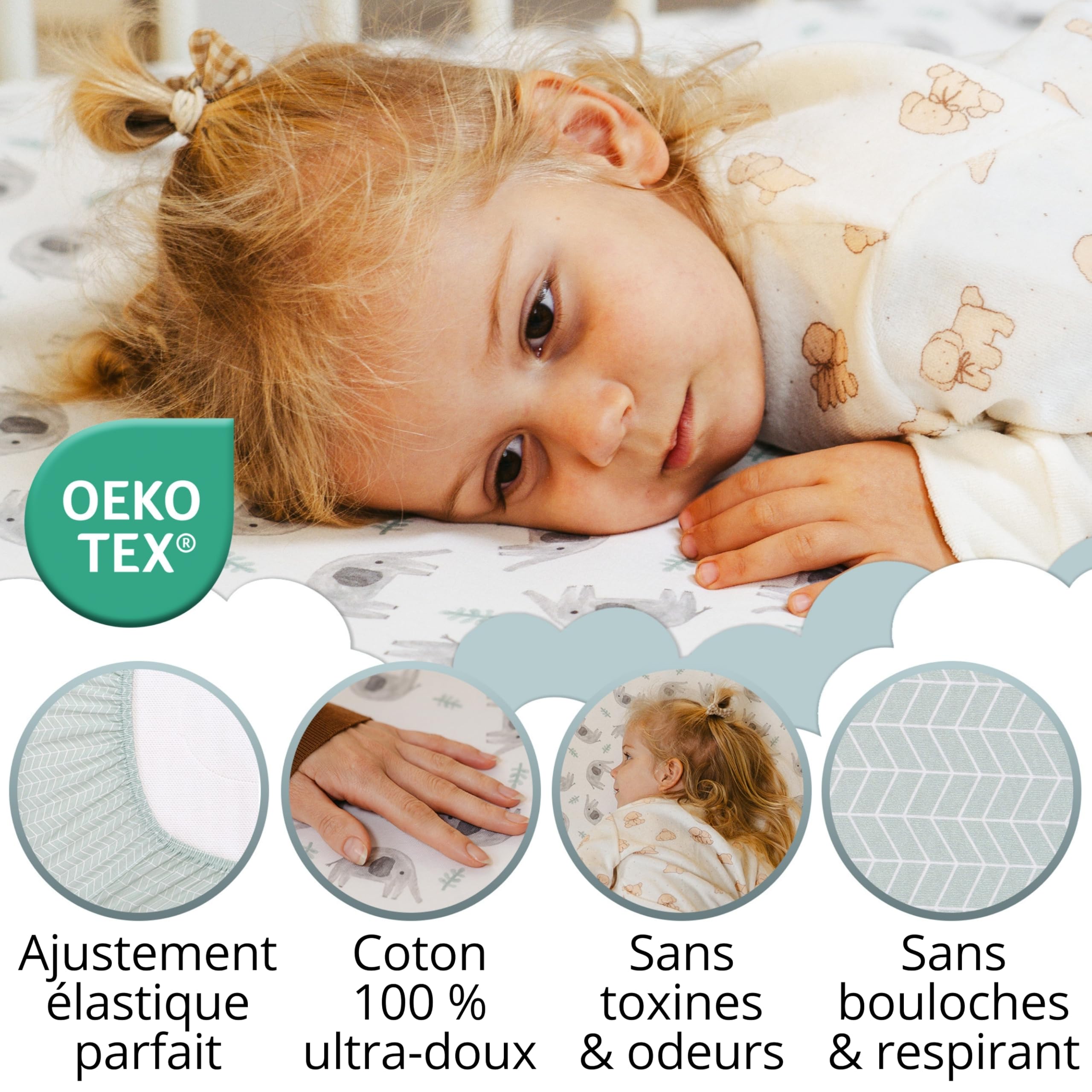 Set Drap Housse 60x120 Lit Bébé / 60x125. 2 Draps Housse Coton Jersey + 1 Protège Matelas Imperméable Éponge pour Lit Bébé. Certifié Oeko-Tex. Éléphants 125x60 / 120x60
