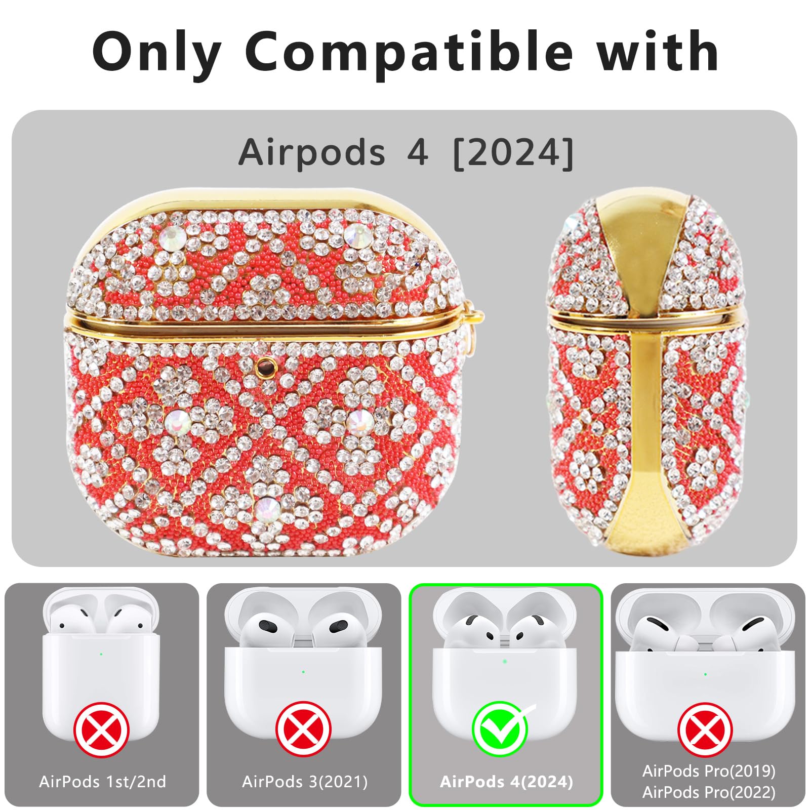 Funda compatible con AirPods 4 (2024), funda protectora con diamantes de imitación para AirPods de 4ª generación con bonito llavero brillante para mujeres y niñas (rojo)