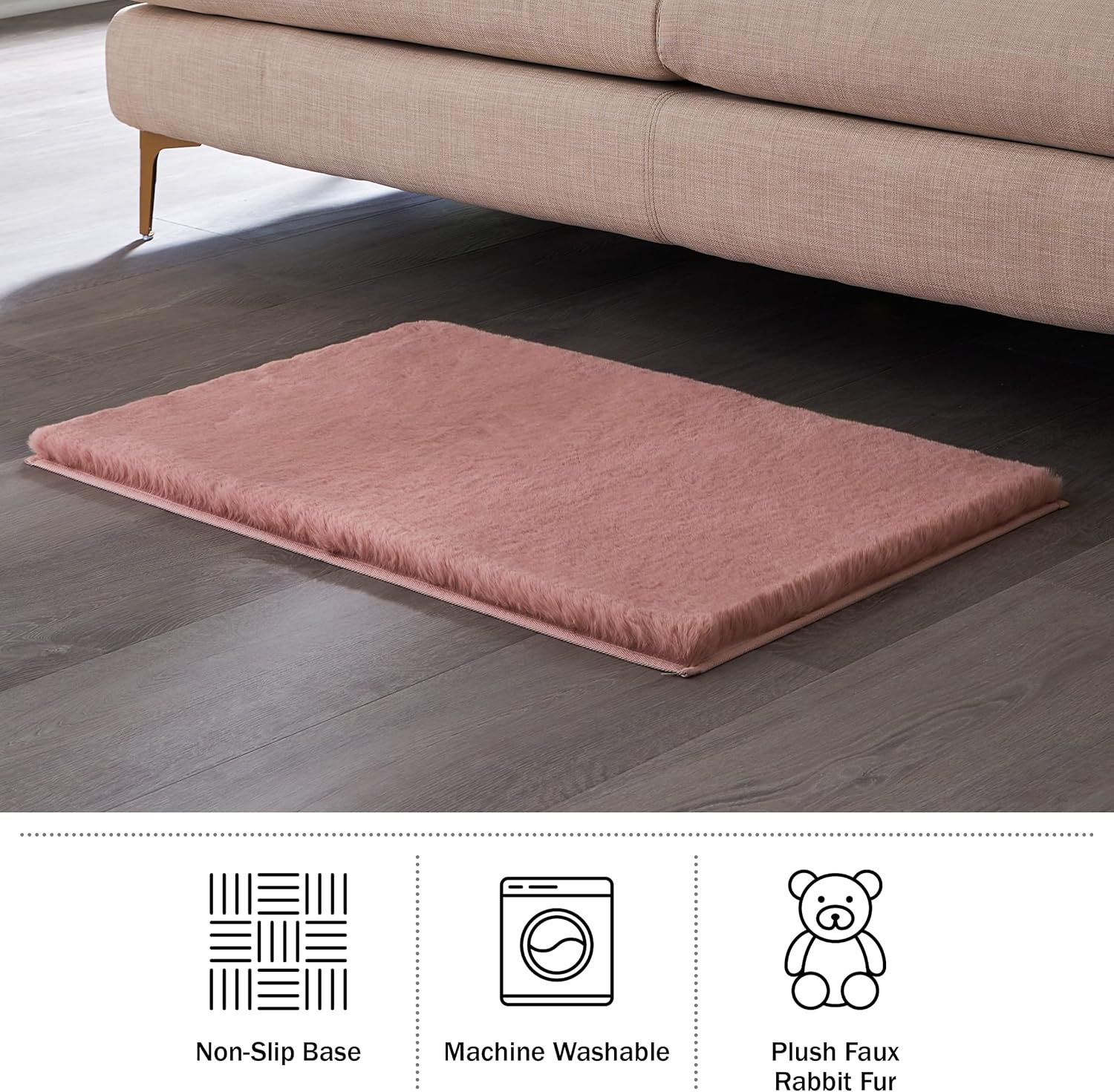 Home-Complete Faux Fur Bath Mat – 21x34-Inch Nonslip Jacquard Faux Fur Washable Rug for Bathroom or Kitchen, Mauve