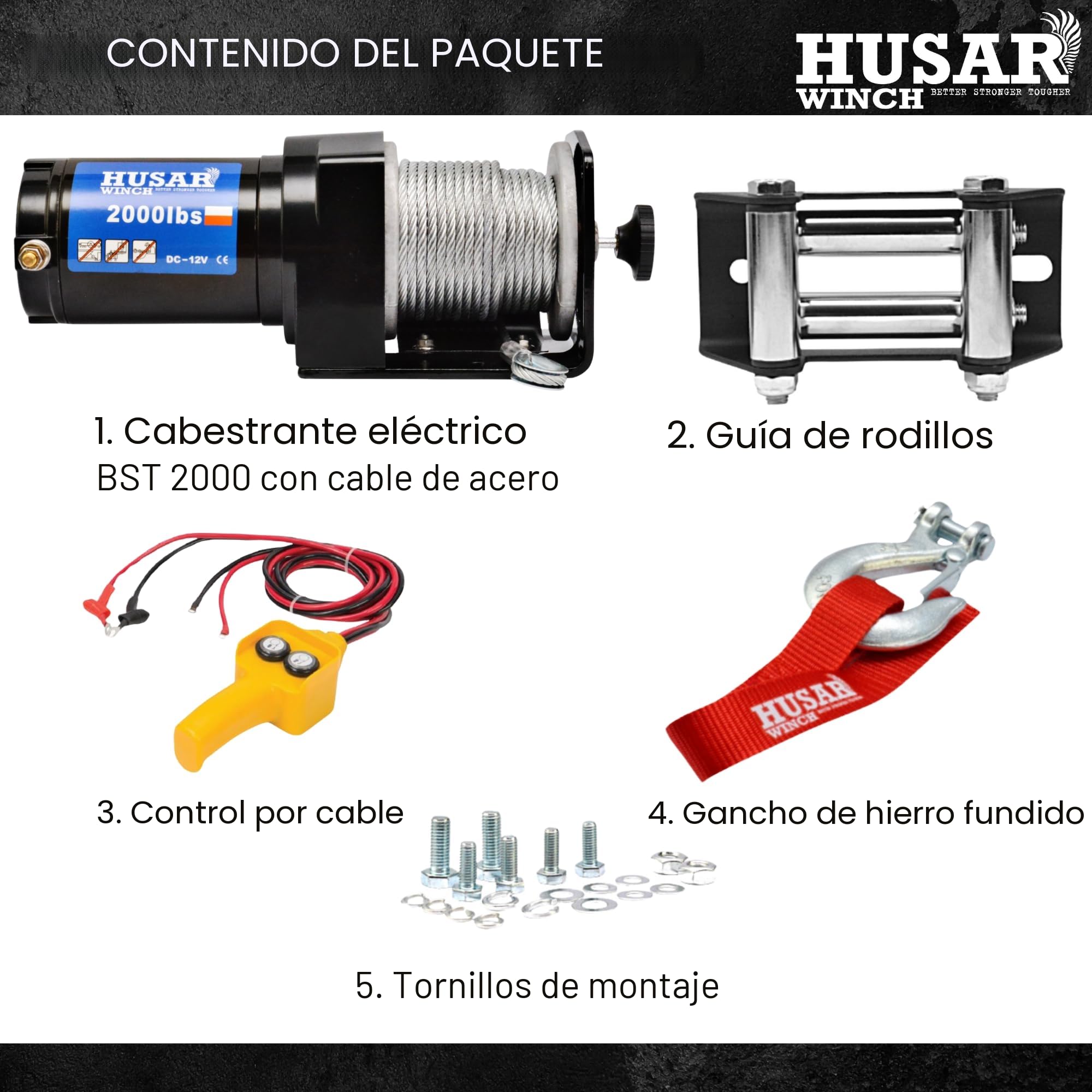 Cabrestante Eléctrico De 12V 2000 lbs | 907 kg - Cuerda de Acero De 15 Metros de Largo Muy Resistente, Control Con Cable, Freno Automático, Kit de montaje - Ideal Para Quads y ATV/UTV