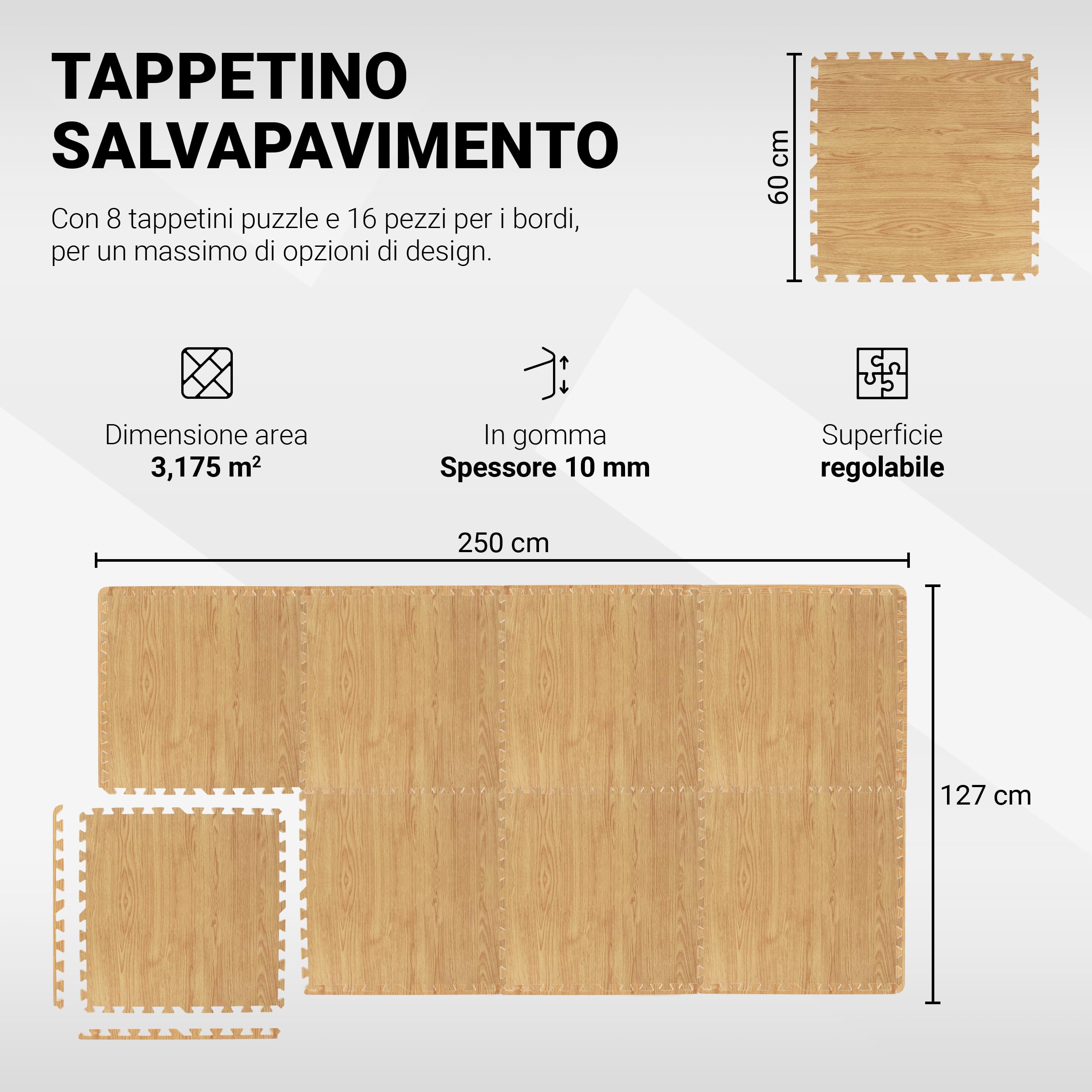 Tappetini Puzzle Per Palestra - 8 Pezzi 60x60 Cm, Spessore 1.2 Cm, Legno Chiaro, Materiale NBR Antiscivolo - Foto 4