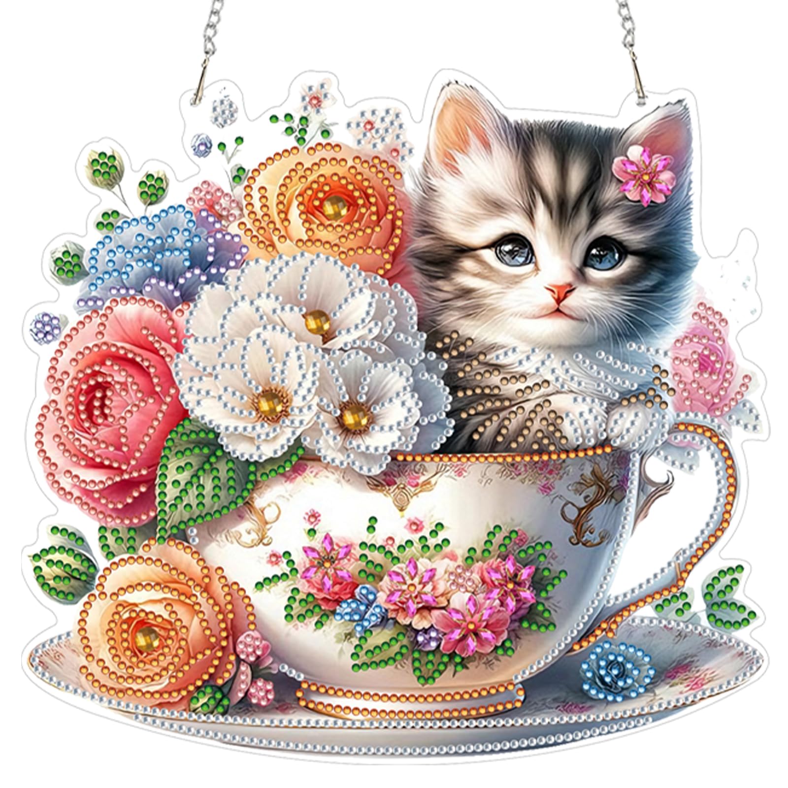 Diamond Art Suncatcher Kits for Adults,DIY Hanging Diamond Art Wind Chimes for Windows,Gem Art for Adults Window Hanging Kit for Home Garden Decoration(Flower Cup Cat)