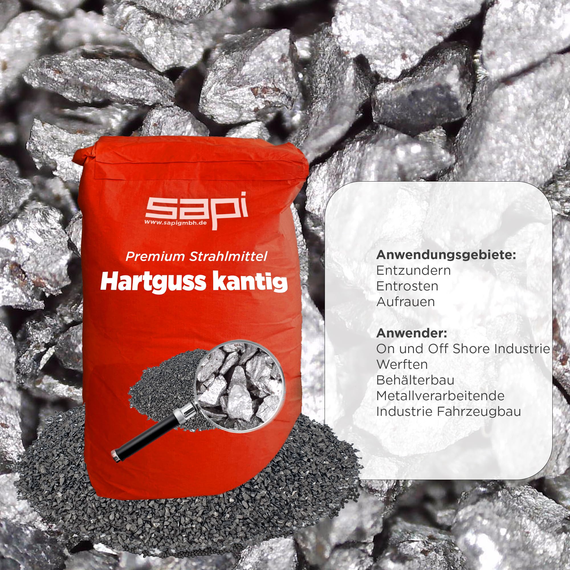 25 kg, SAPI Hartguss kantig Strahlmittel, G34 (0,8-1,2 mm), Körnung, Papiersack, Premium Strahlmittel zur Oberflächenbehandlung