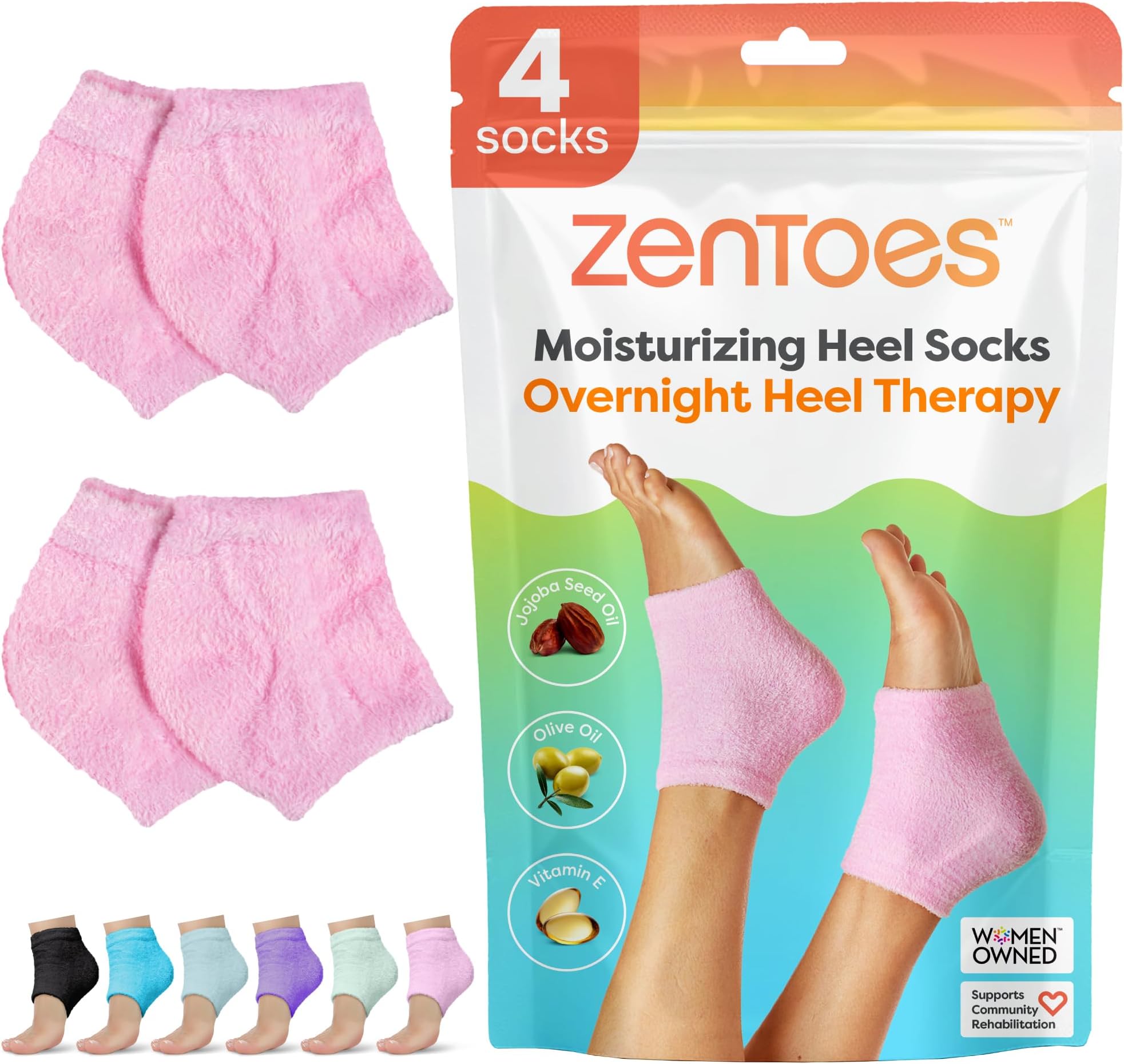 ZenToes Moisturizing Heel Socks 2 Pairs Gel Lined toeless spa Socks to heal and Treat Dry, Cracked Heels (Fuzzy, Pink)
