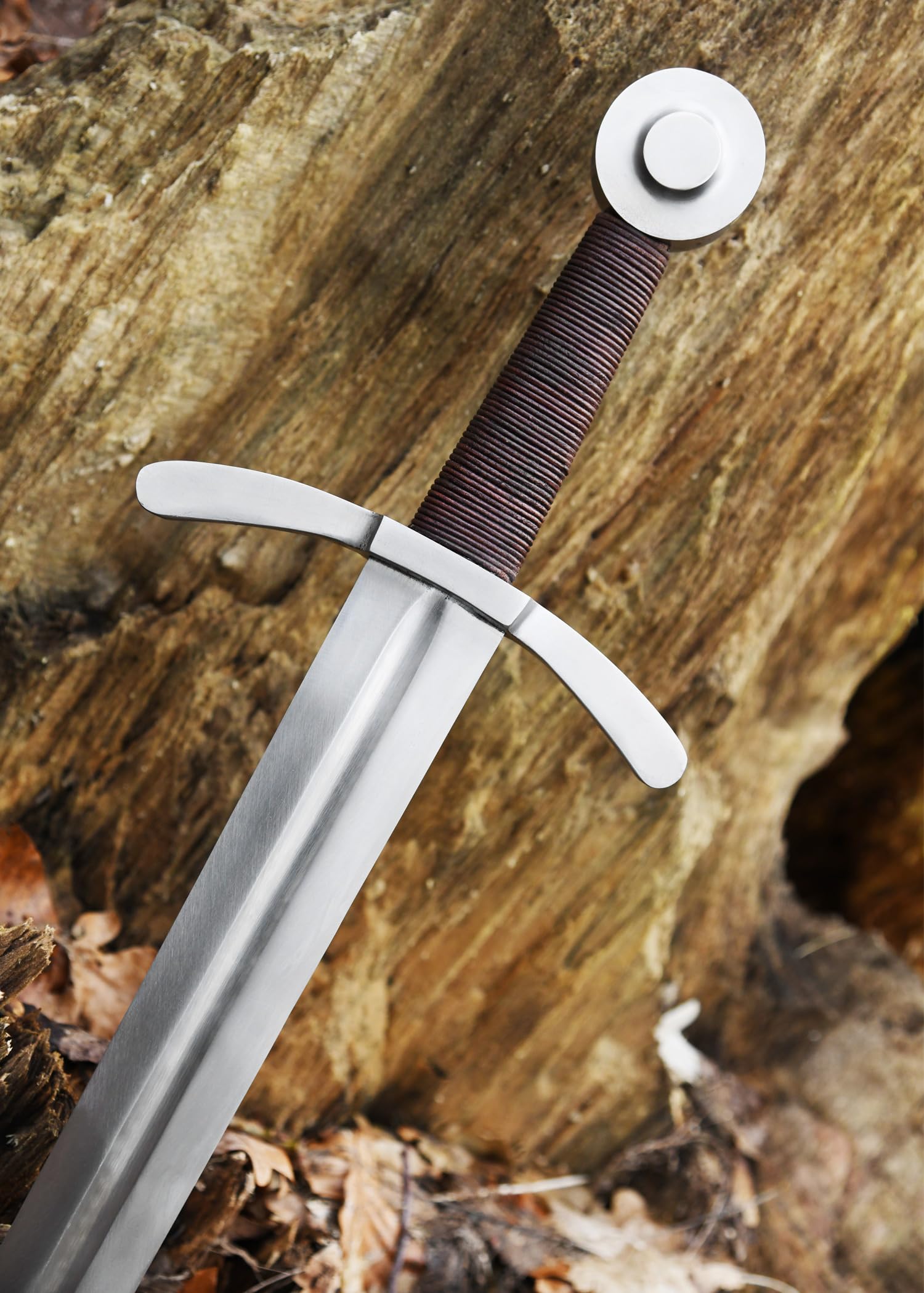Battle-Merchant - Scheibenknauf-Schwert mit Lederscheide - für Schaukampf | Hochmittelalter, Einhänder der Kreuzritter für Erwachsene, aus Federstahl, Mittelalter, Reenactment