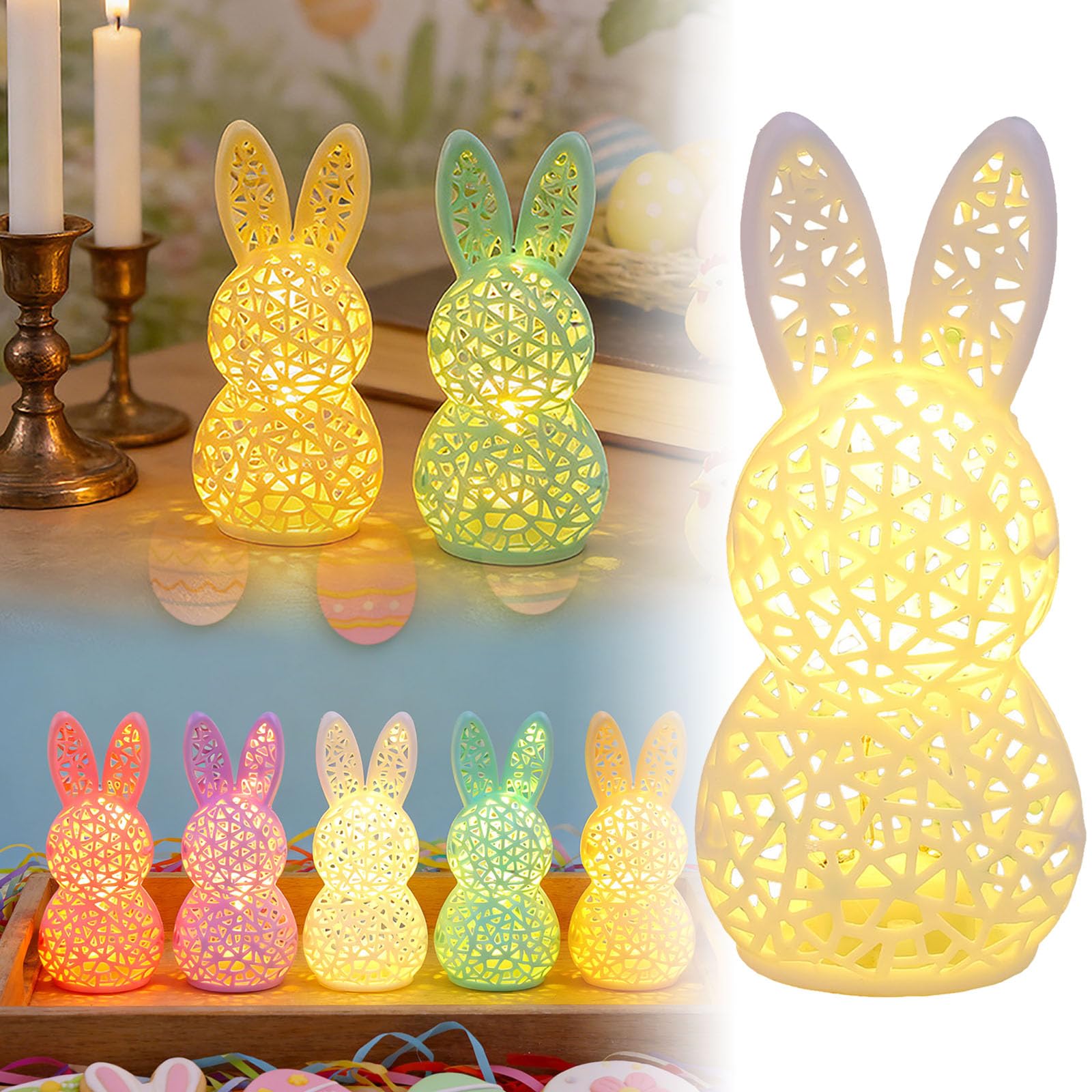 Lighted Easter Hollow Out Bunny Figurine,3D Rabbit Lamp Figurines Ornament for Living Room Office Bedroom,Spring Farmhouse Holiday Bunnies Statues,Light Up Animal Table Bookshelf Decor (White)