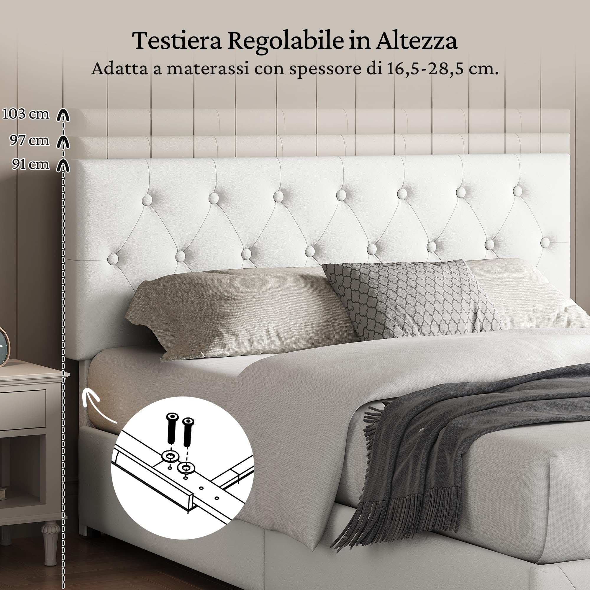 Yaheetech Letto Imbottito Matrimoniale 2 Cassetti (Bianco, 160 x 200 cm) | Letto Contenitore Doghe Legno Testiera Regolabile Camera da Letto Moderno