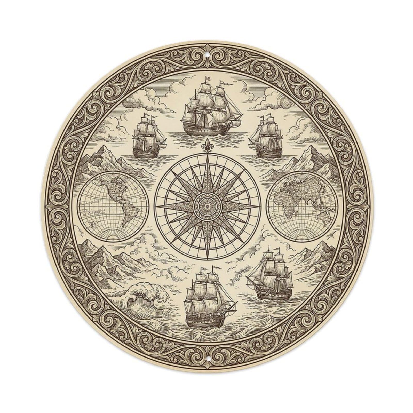 Vintage Nautical Compass World Map Continental Drift Metal Tin Sign