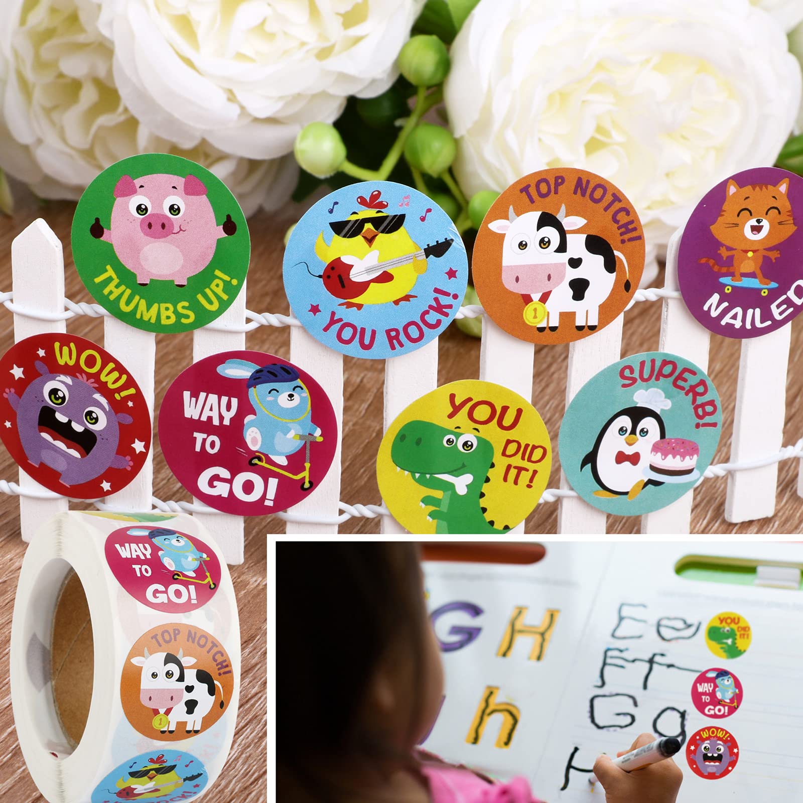 1000 Pcs (2 Roll, 1 Inch) Reward Stickers Roll Animal Cartoon Lovely Stickers Fun Motivational