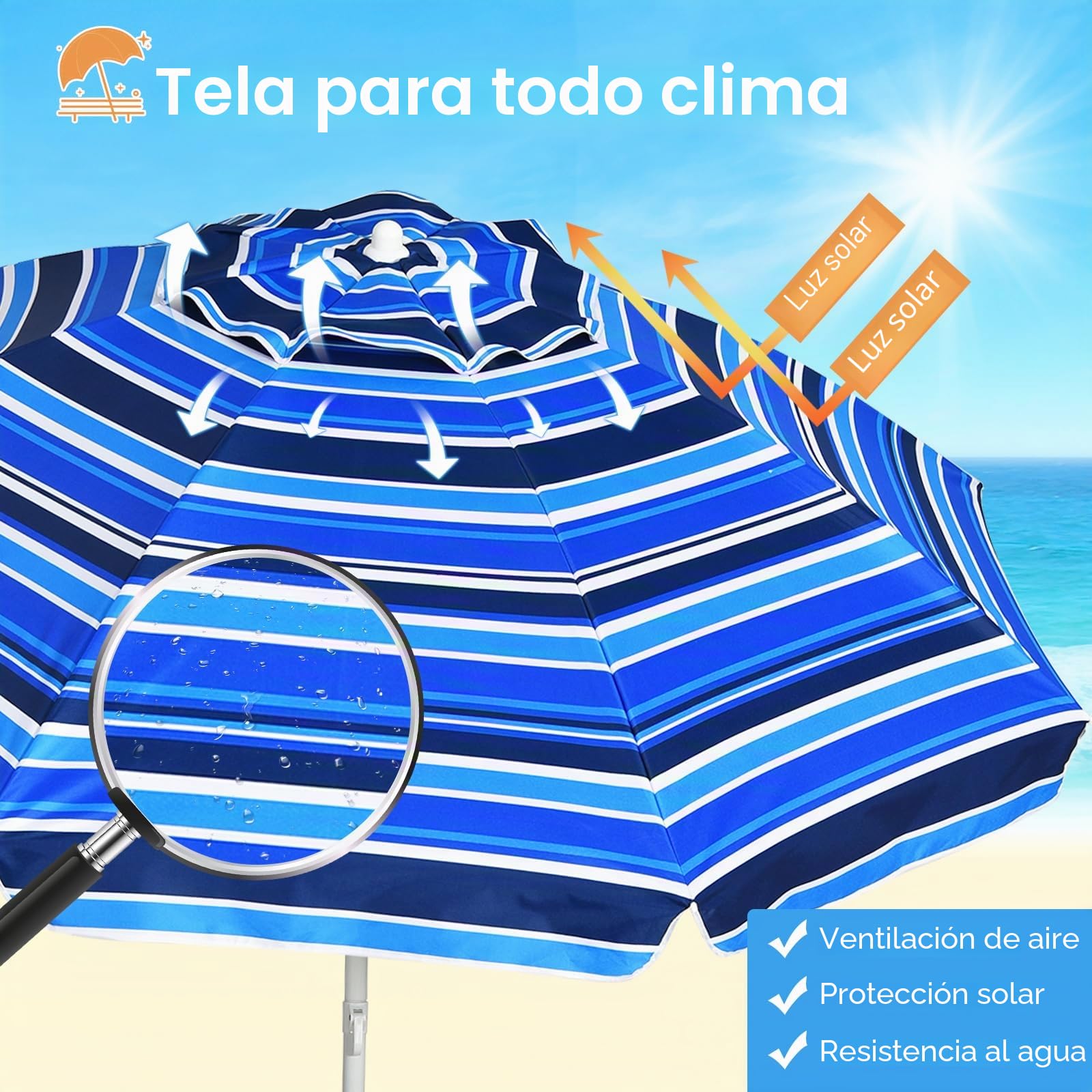RELAX4LIFE Sombrilla Φ220cm Ajustable y Resistente a Rayos UV y Agua con Soporte Extraíble para Bebidas, Sombrilla Plegable con Bolsa de Transporte para Terraza, Jardín, Playa, Sin Base, Azul Marino