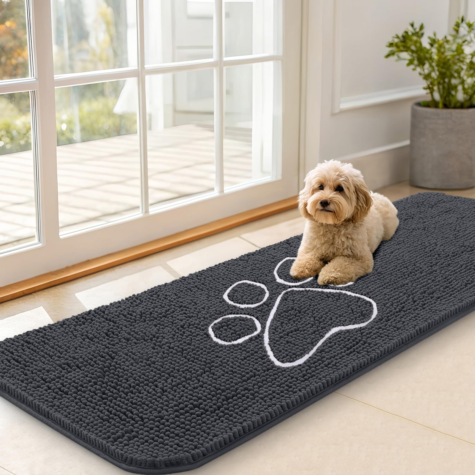 OLANLY Dog Door Mat for Muddy Paws 59x20, Paw Print Design Chenille Mud Mat