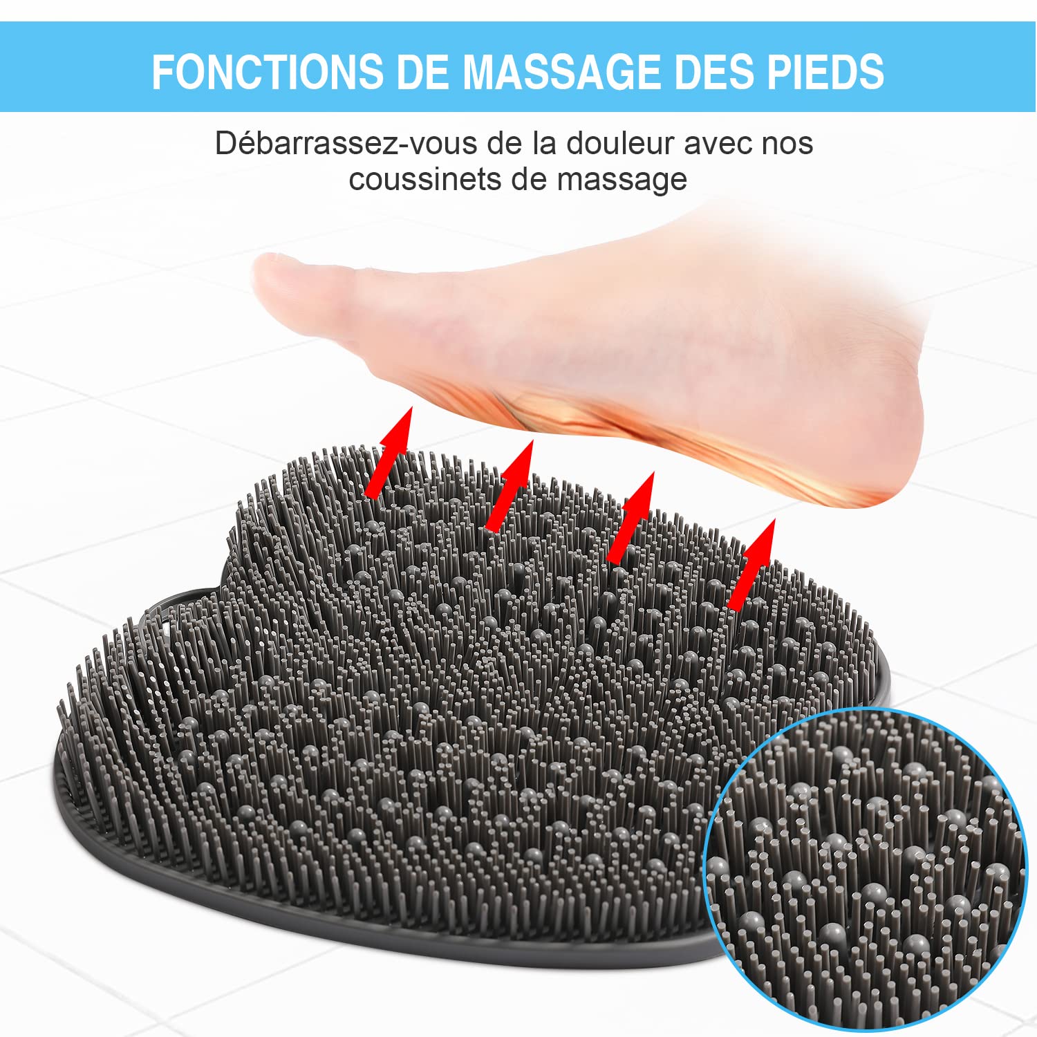 HONYIN Grand Brosse Pieds Douche, Foot Scrubber Douche 28 x 28 cm | Nettoie, Exfolie, Masse vos Pieds Sans se Pencher, Circulation et Soulage Les Pieds Fatigués, avec Ventouses Antidérapantes
