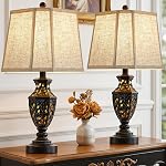 Lamps for Night Stands Set of 2-23.5" Vintage Bedside Lamp with USB A+C and Nightlight - Black Retro Carved Resin Farmhouse Table Lamp for Bedrooms, End Tables, Living Room, Bulbs Included