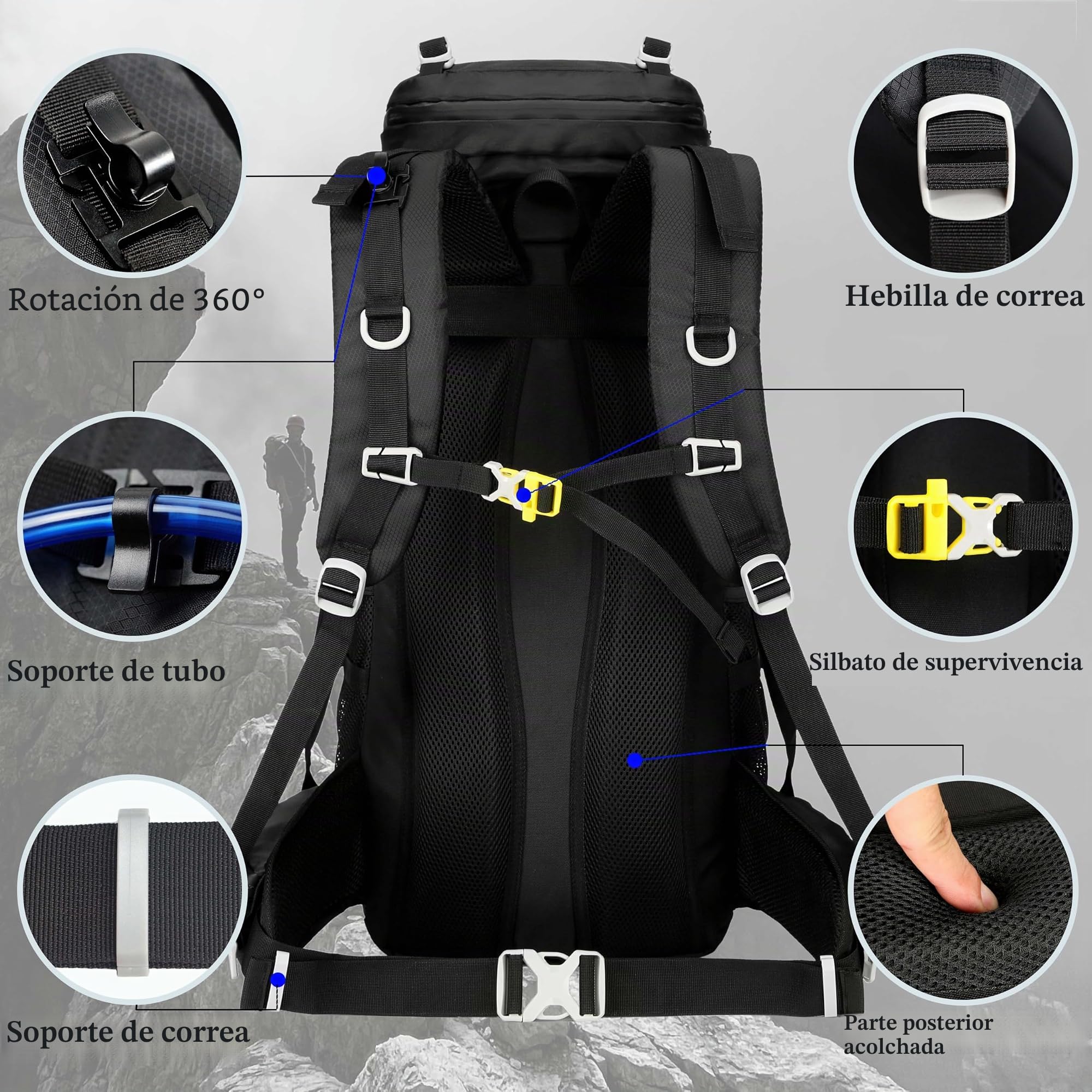 Mochila de viaje de 60 L para senderismo, camping con cubierta para lluvia, mochila resistente al agua, mochila de escalada para hombres y mujeres