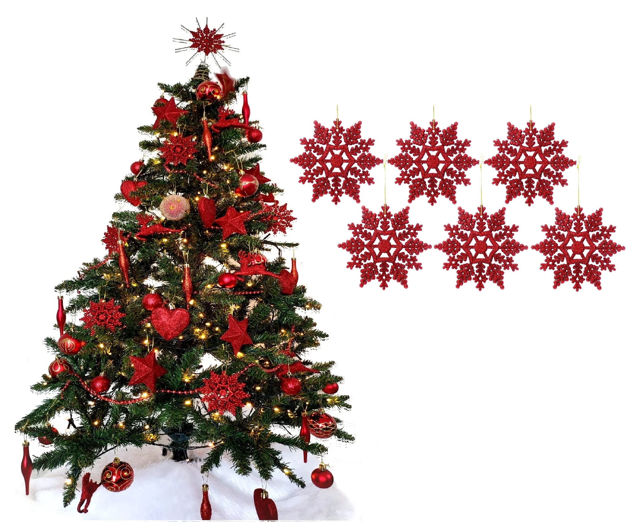 Simply Products Red Pack Of 6-10Cm Glitter Hanging Decoration, Snowflakes Christmas Tree Decorations (Red)