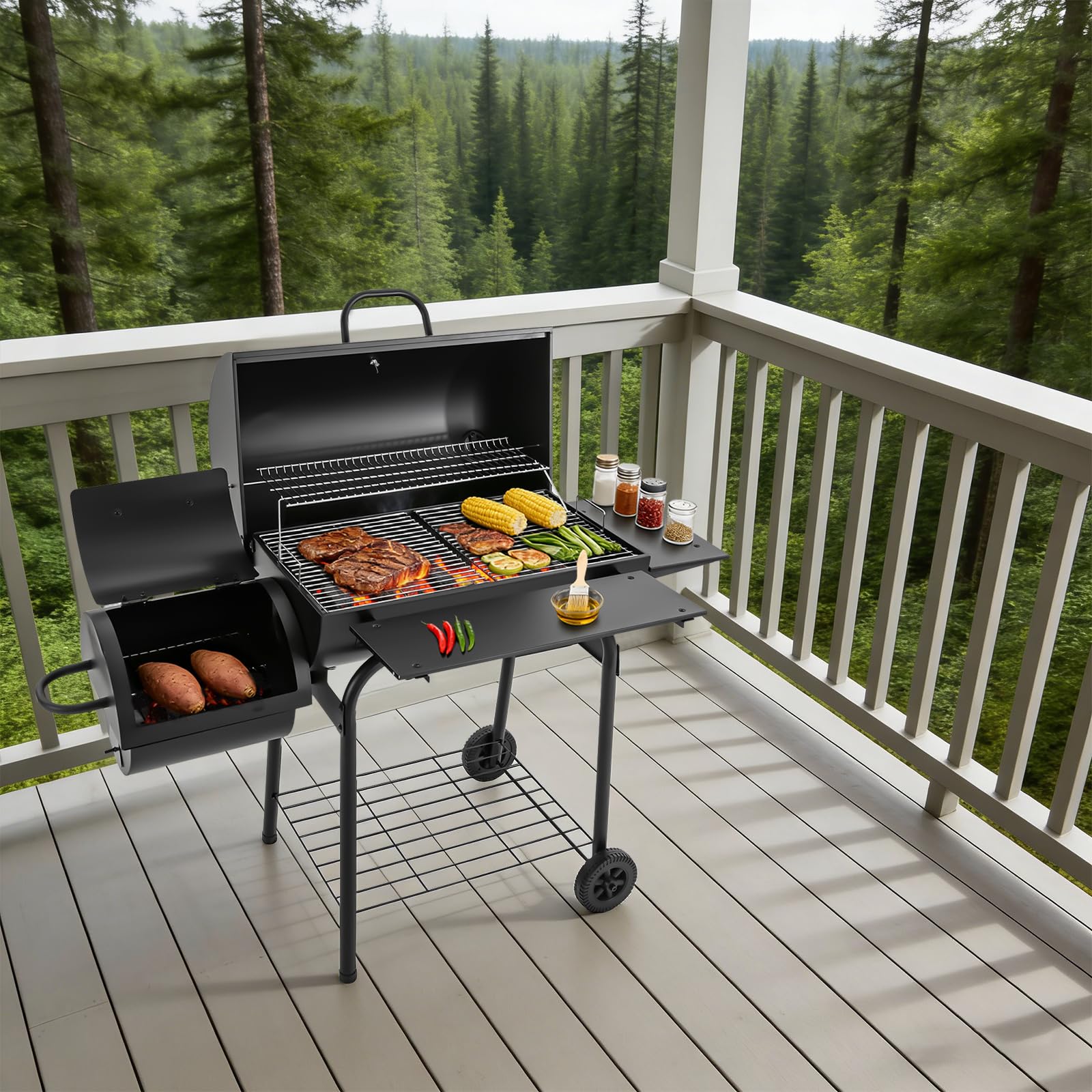 Barbecue a carbonella autoportante, 147 x 70 x 126 cm, barbecue con coperchio e ruote, barbecue affumicatore in acciaio con termometro e ripiani laterali, nero, per giardino, terrazza, campeggio