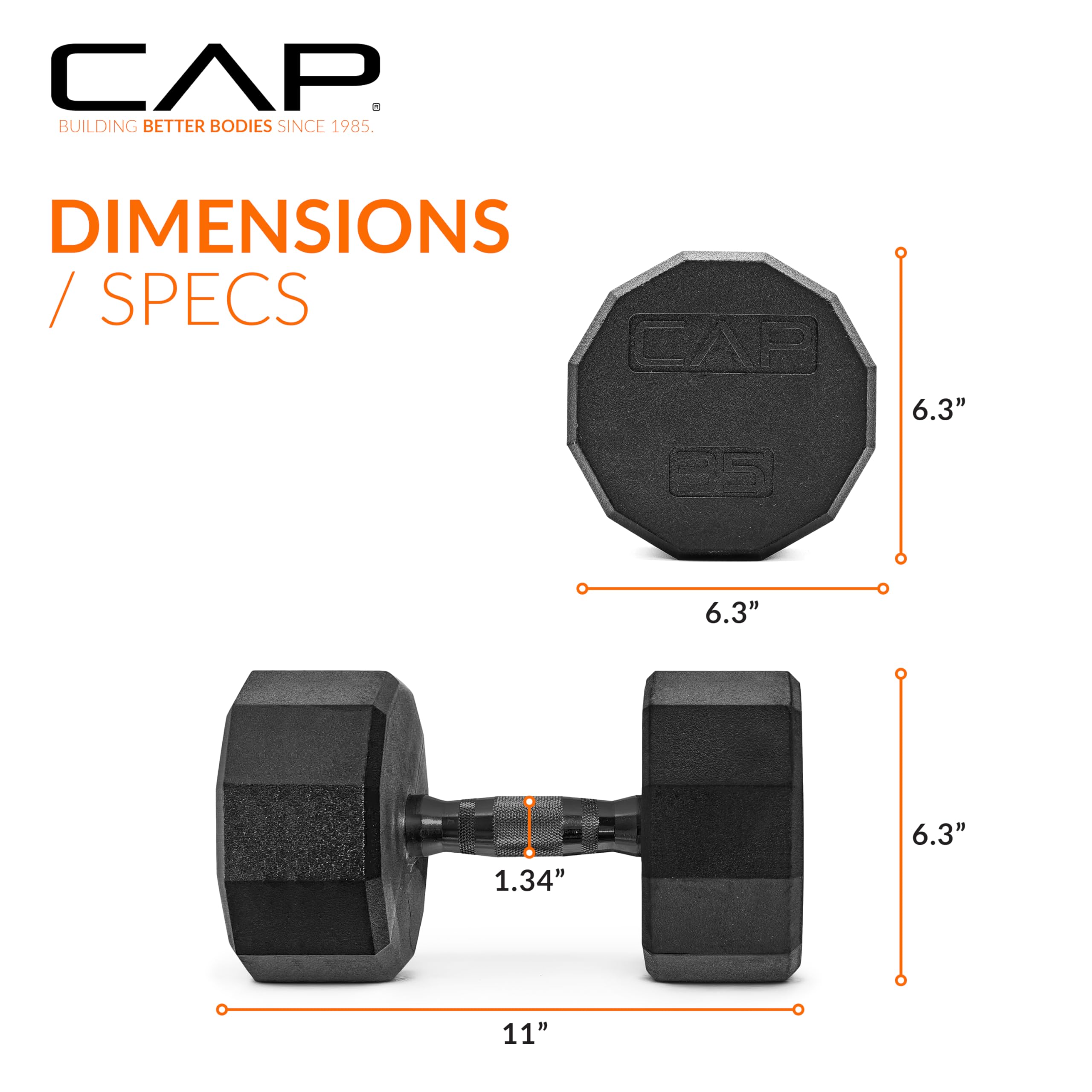 CAP Rubber Coated Dumbbell Weights Free Weights for Home Gym Strength Training Anti-Roll Hex Dumbbells with Black Chrome & Comfort Grip Handles Pairs & Sets product thumbnail 5
