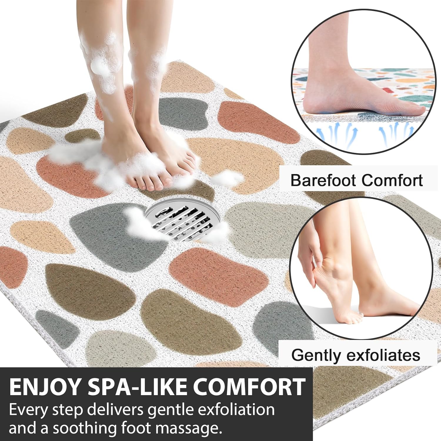 Non Slip Shower Mat: 32x24 Inch Extra Large Shower Mats for Inside Shower with Drain Hole in Middle - Soft PVC Loofah Anti Slip Shower Floor Mat for Standing and Walk-in Shower, Quick Drying - Image 6