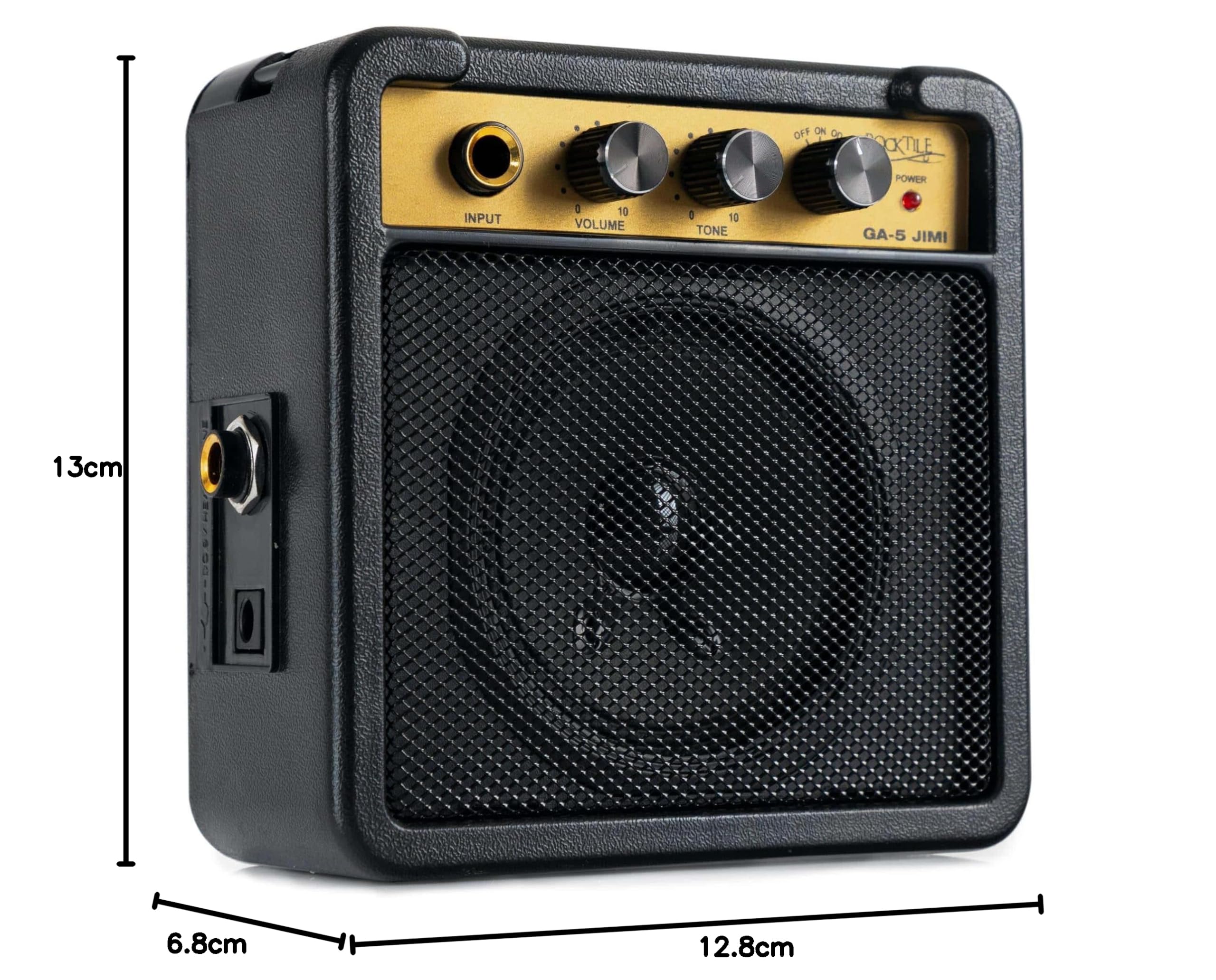 Rocktile GA-5 Jimi Mini-Gitarrenverstärker (5 Watt Batterieverstärker, mit Umhängegurt und Gürtelclip, Betrieb mit Batterie oder Netzteil möglich) schwarz