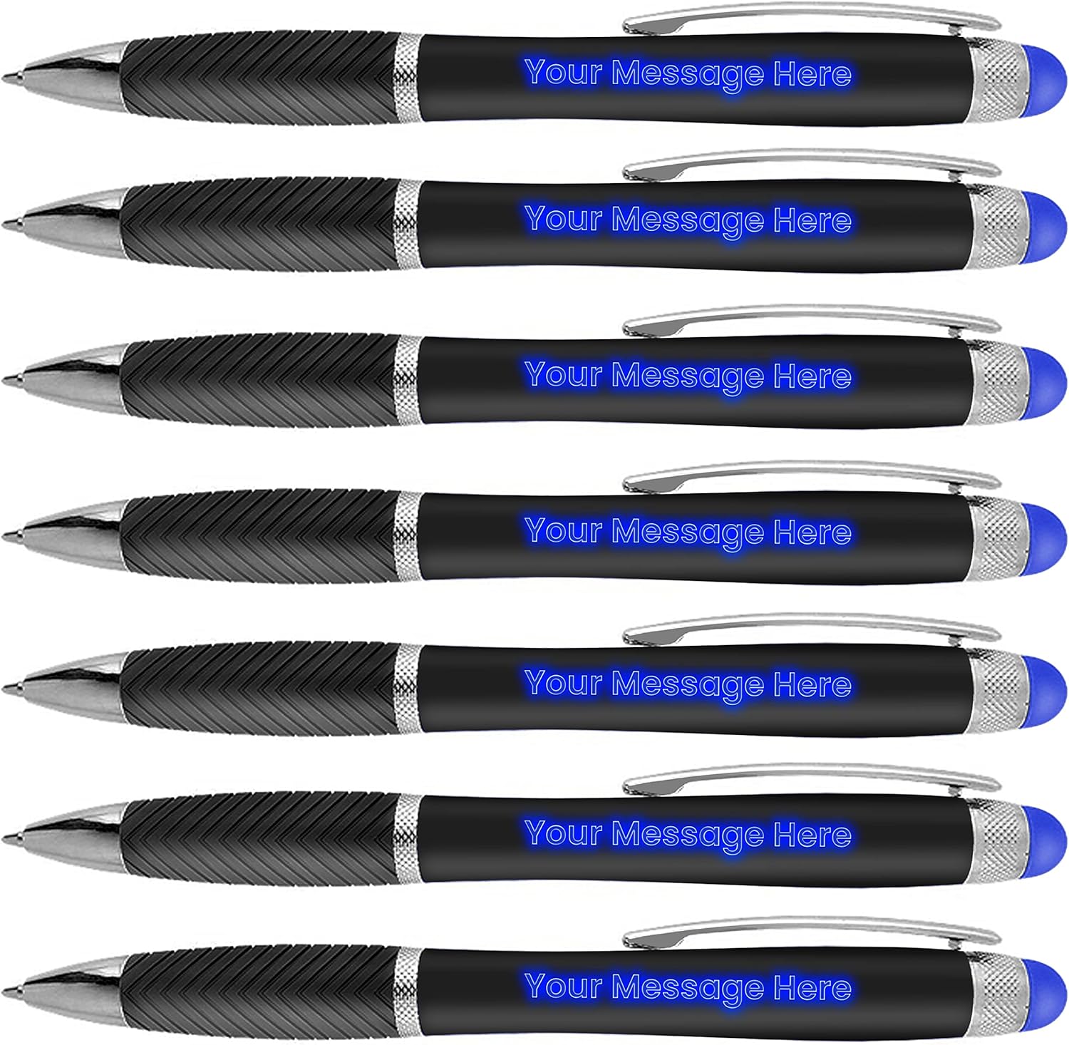 Personalized Pens-100 Pack Bulk-Free Laser Engraving - 3 In Ballpoint Pen, Stylus and Light Up Personalized Area - Custom Business Name, Text, Logo or Gift Message, For Parties and Events, Blue