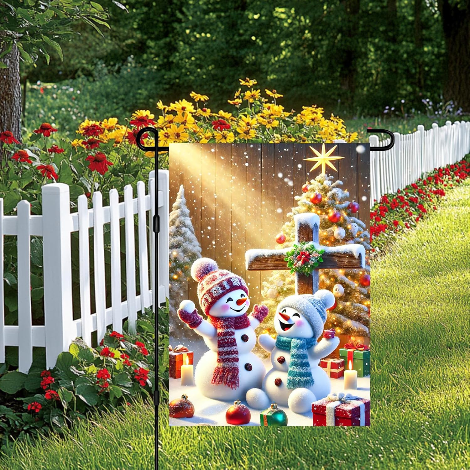 Christmas Snowman Garden Flag 12x18 Inch Double Sided Snowmen with Cross Tree Gift Box Snowflake Small Yard Flag Holiday Decoration for Outdoor Porch Lawn Winter Seasonal Display - Image 2