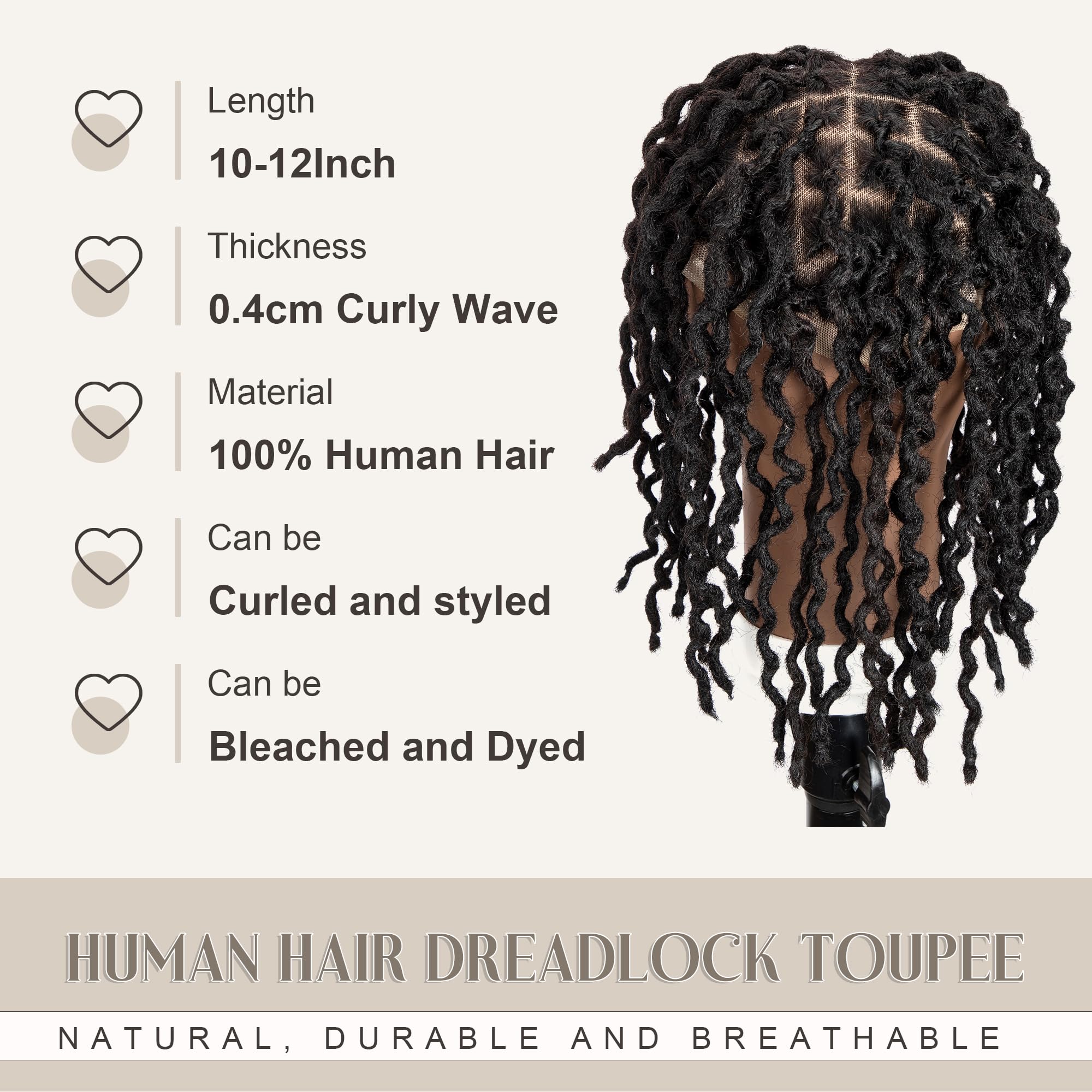 DAIXI 8x10 Inches Transparent Full Lace Base Afro Curly Dreadlock Extensions Toupee For Men and Women, 56 Strands 0.4cm Curly Wave Loc Extensions Human Hair On the Toupee Including Type and Tools