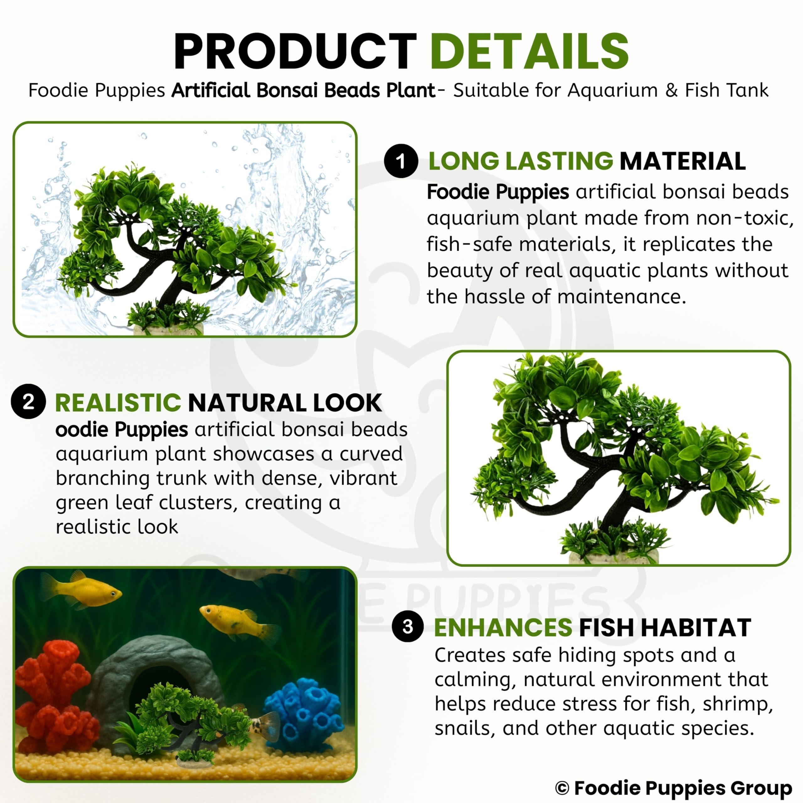 Foodie Puppies Aquarium Plastic Plants with Resin Base Decor - (Bonsai Beads Plant, 8 x 4 x 20 cm) for Fish Tank Ornament Accessories, Natural Looking Artificial Plant for Freshwater & Saltwater 1
