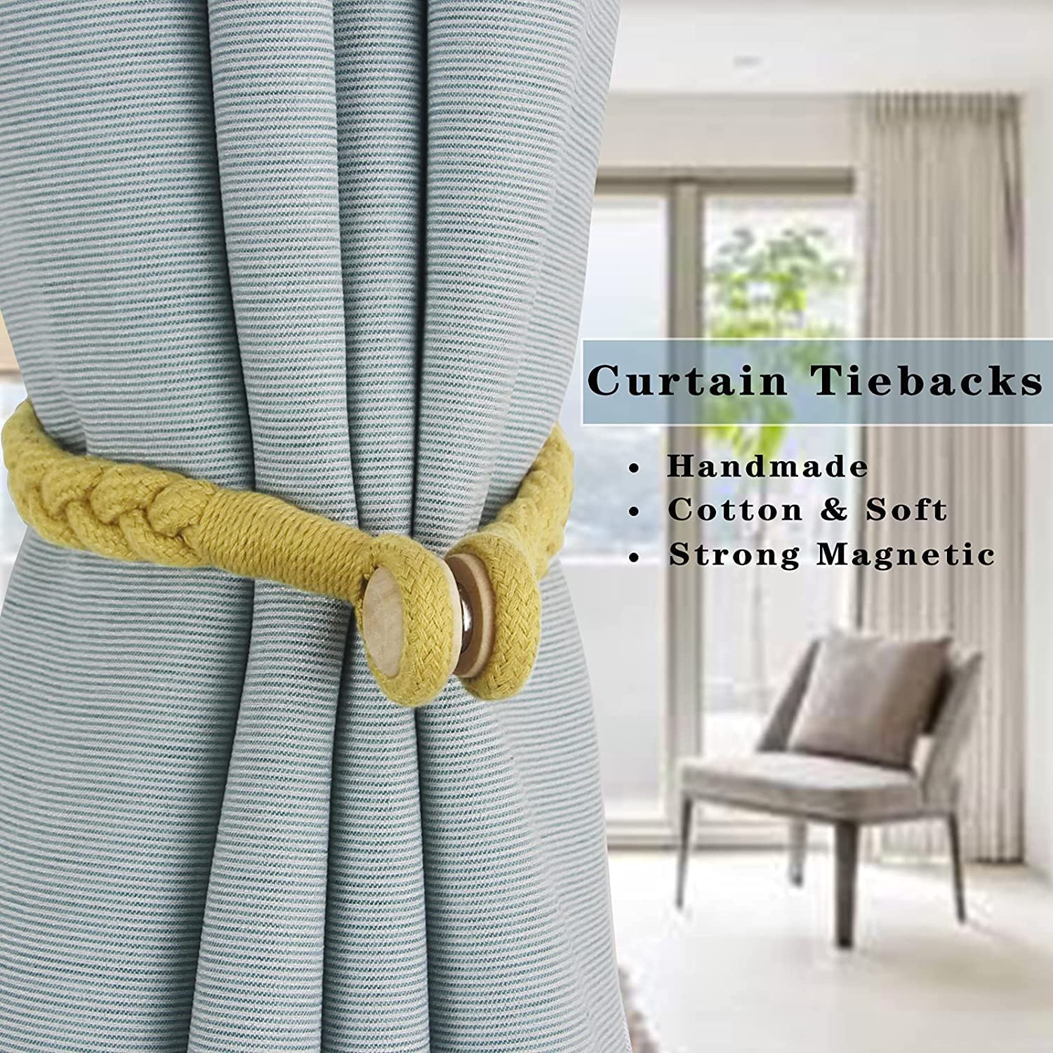 Lot de 6 embrasses de rideaux magnétiques douces en coton tissé à la main avec boucle en bois durable pour la décoration de la maison ou du bureau (doré, 6)