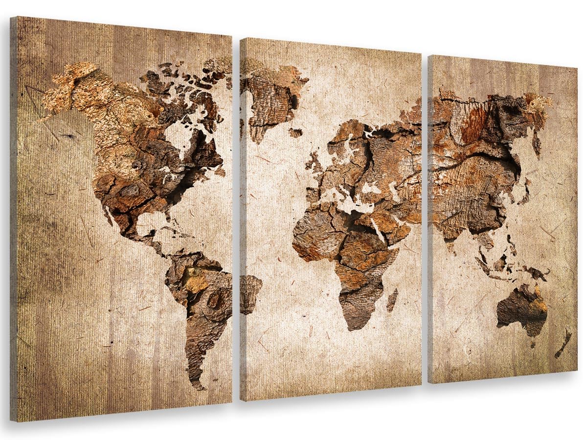 Tableau mural carte du monde design triptyque bois 90x60 cm pour décoration élégante