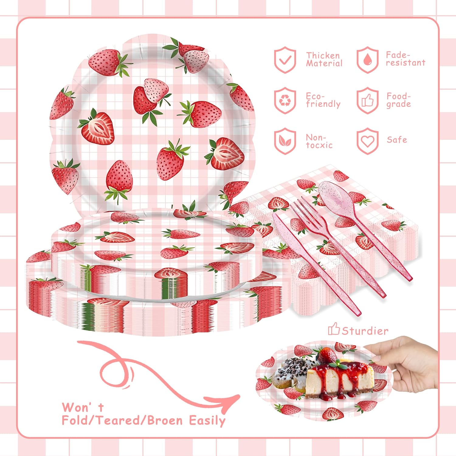 192pcs Strawberry Birthday Party Decorations Plates Napkins Disposable Paper Cups Straws Strawberry Tableware Set Party Supplies for Girls Kids Birthday Decor Serve 24 Guests - Image 3