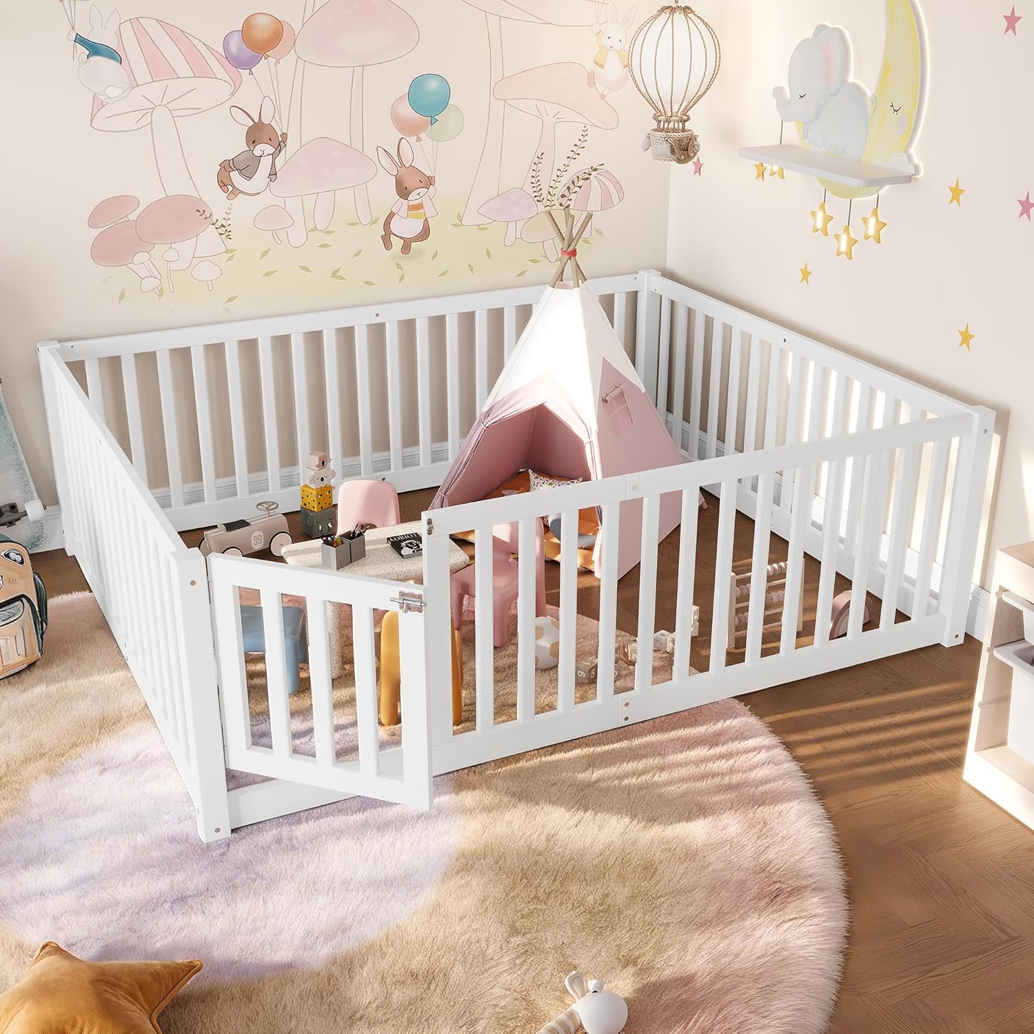 Bellemave Full Size Floor Bed Frame with Door and Guardrails, Montessori Style Wood Floor Bed with Low Profile Design, Solid Pine and Plywood Platform Bed Frame for Bedroom or Playroom, White