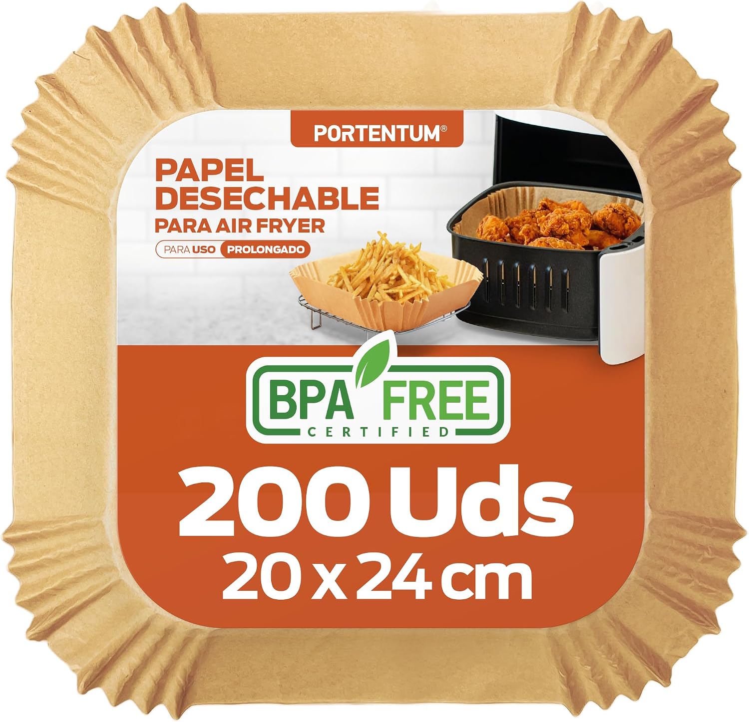 PORTENTUM Papel freidora aire 200 unidades de 20-24 cm Cuadrado. Papel Air Fryer Grado alimenticio, FDA y LFGB