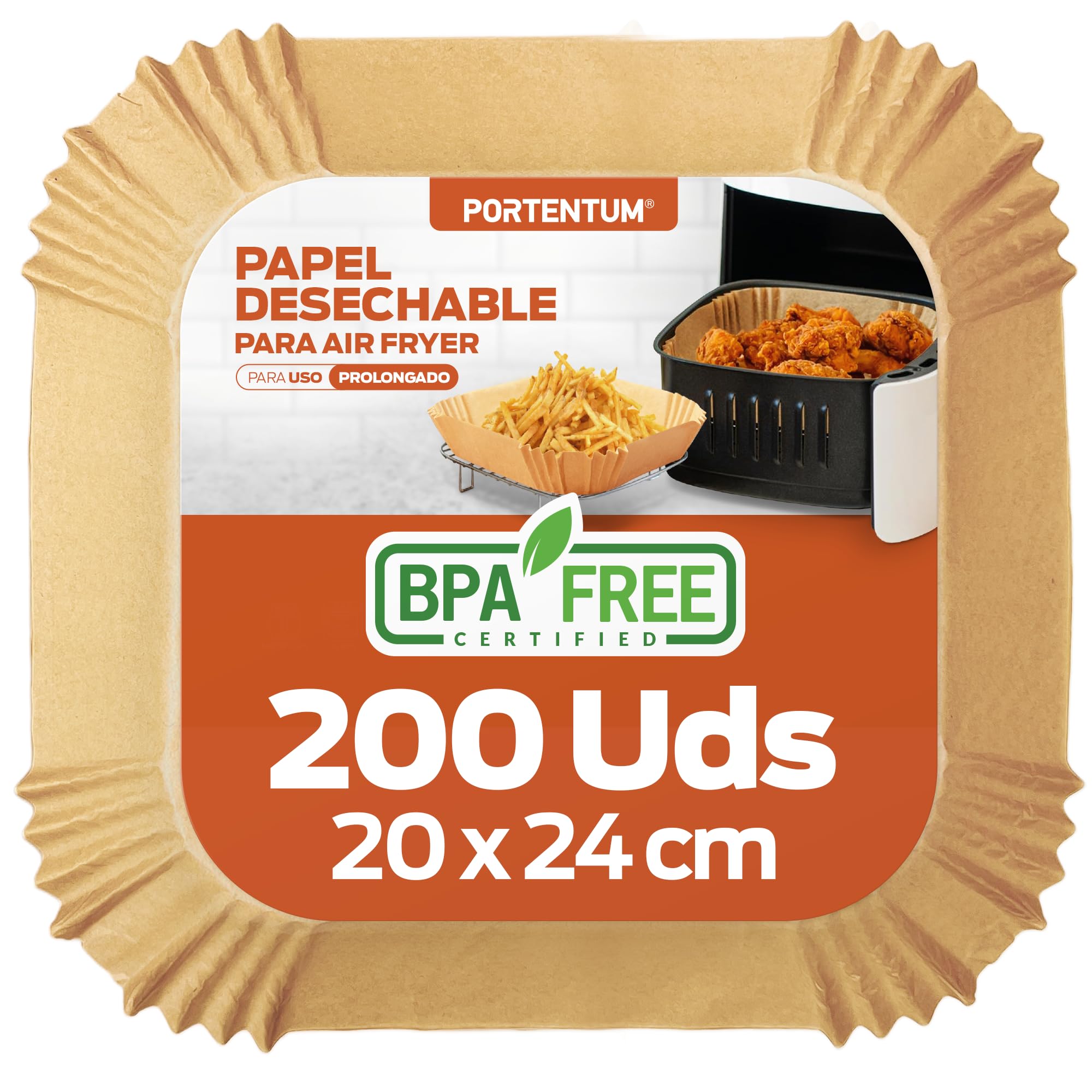 PORTENTUM Papel freidora aire 200 unidades de 20-20 cm Cuadrado. Papel Air Fryer Grado alimenticio BPA free, FDA y LFGB