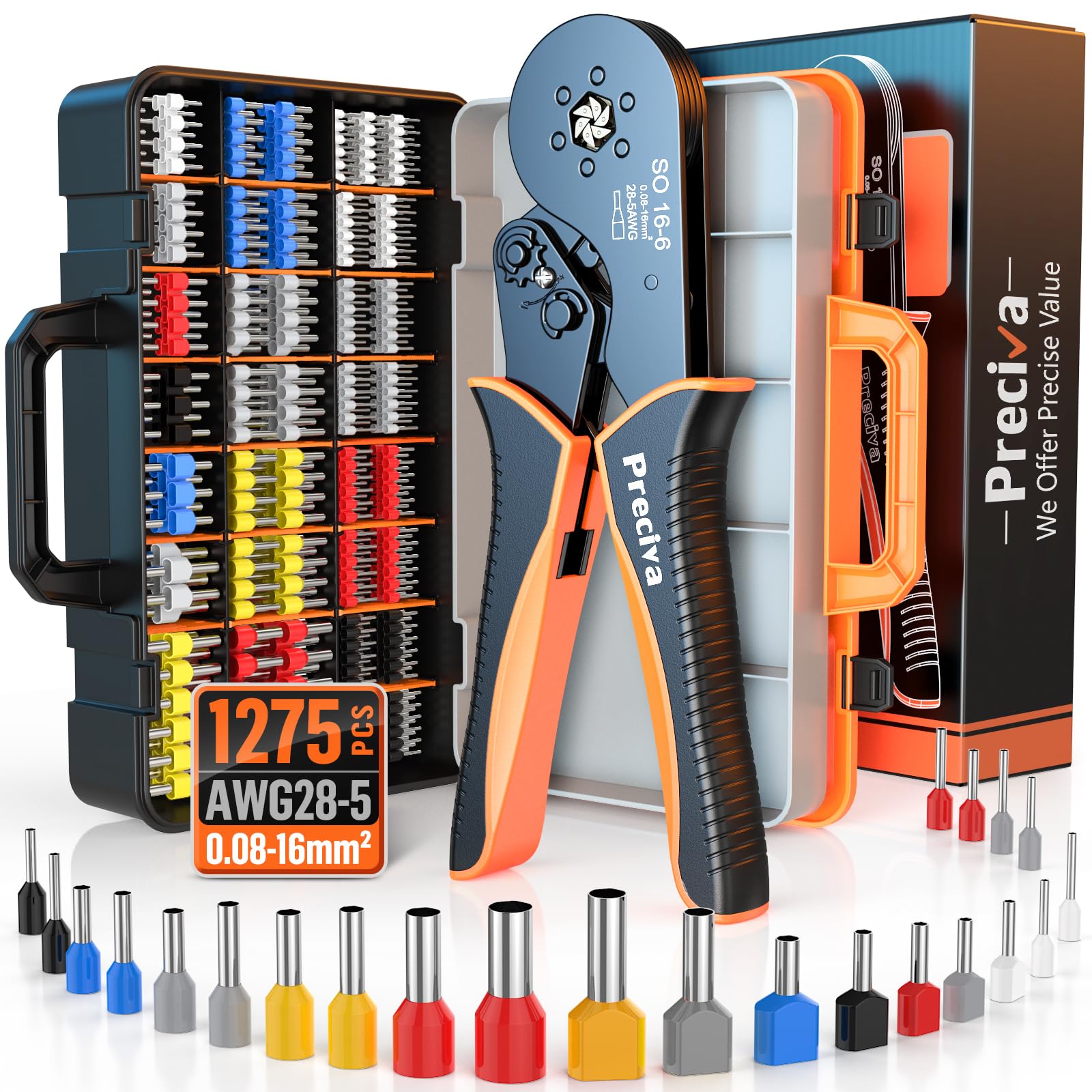 Crimpzangen Aderendhülsen Set, Preciva 0.08-16mm² Aderendhülsenzange Sechskant Crimpzange Presszange mit 1010 Stück Einzeilige Aderendhülsen + 265 Stück Twin Aderendhülsen
