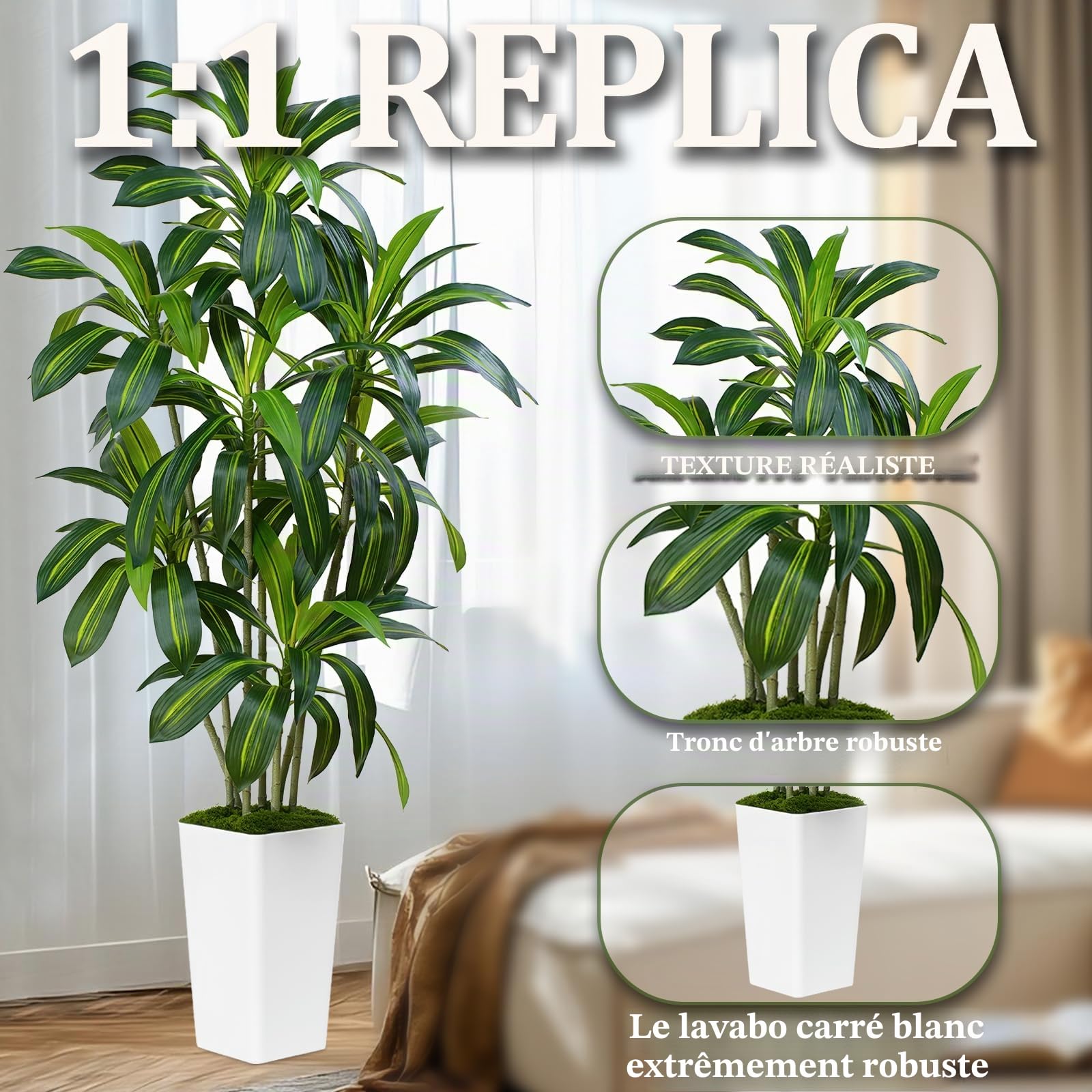 Plante Artificielle Dracaena 210cm Fausse Plante Interieur avec Grand Planteur Blanc pour Plantes Artificielles Interieur Exterieur Plante Artificiel pour Decoration Maison Bureau Jardin Deco