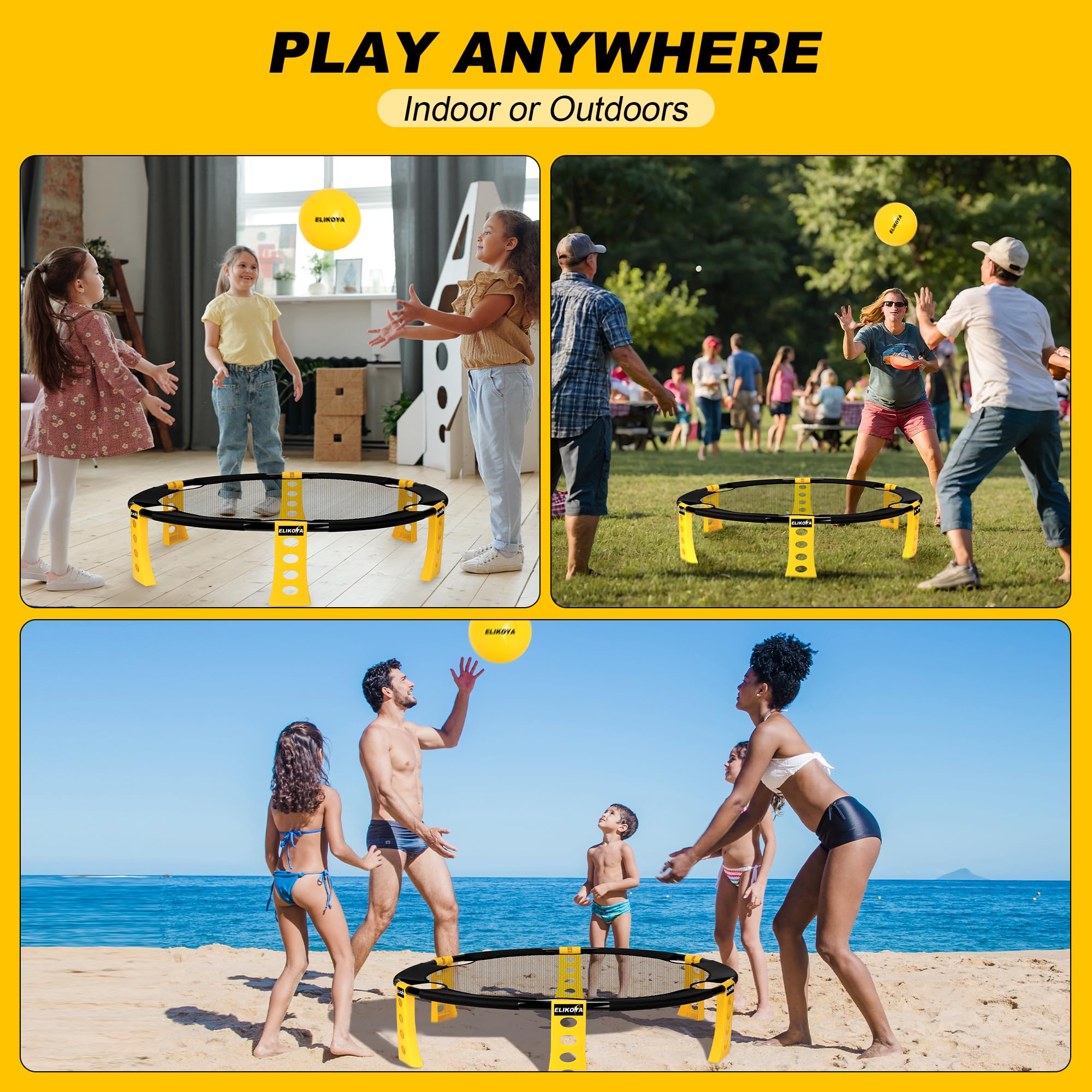 Le jeu de balle de plage d'extérieur comprend 4 balles, un filet et un sac de transport – Ensemble de jeux de cour rond pour adultes, enfants et famille – Parfait pour la plage, la cour, la